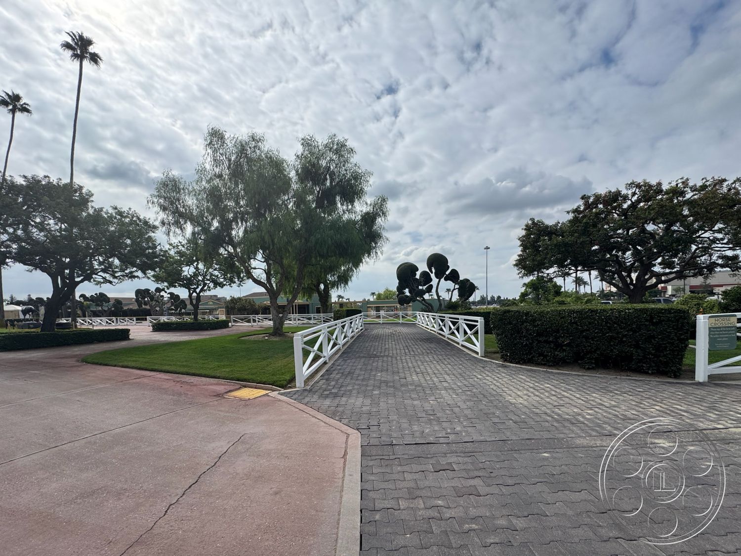 Arcadia Race Track - exterior, paved driveway, palm trees, suburban setting, manicured lawn, outdoor pathway, ornamental trees, open green space, landscaped garden area, cloudy sky, patterned stone driveway, white wooden fences, framed hedges, modern outdoor sculpture, commercial building background