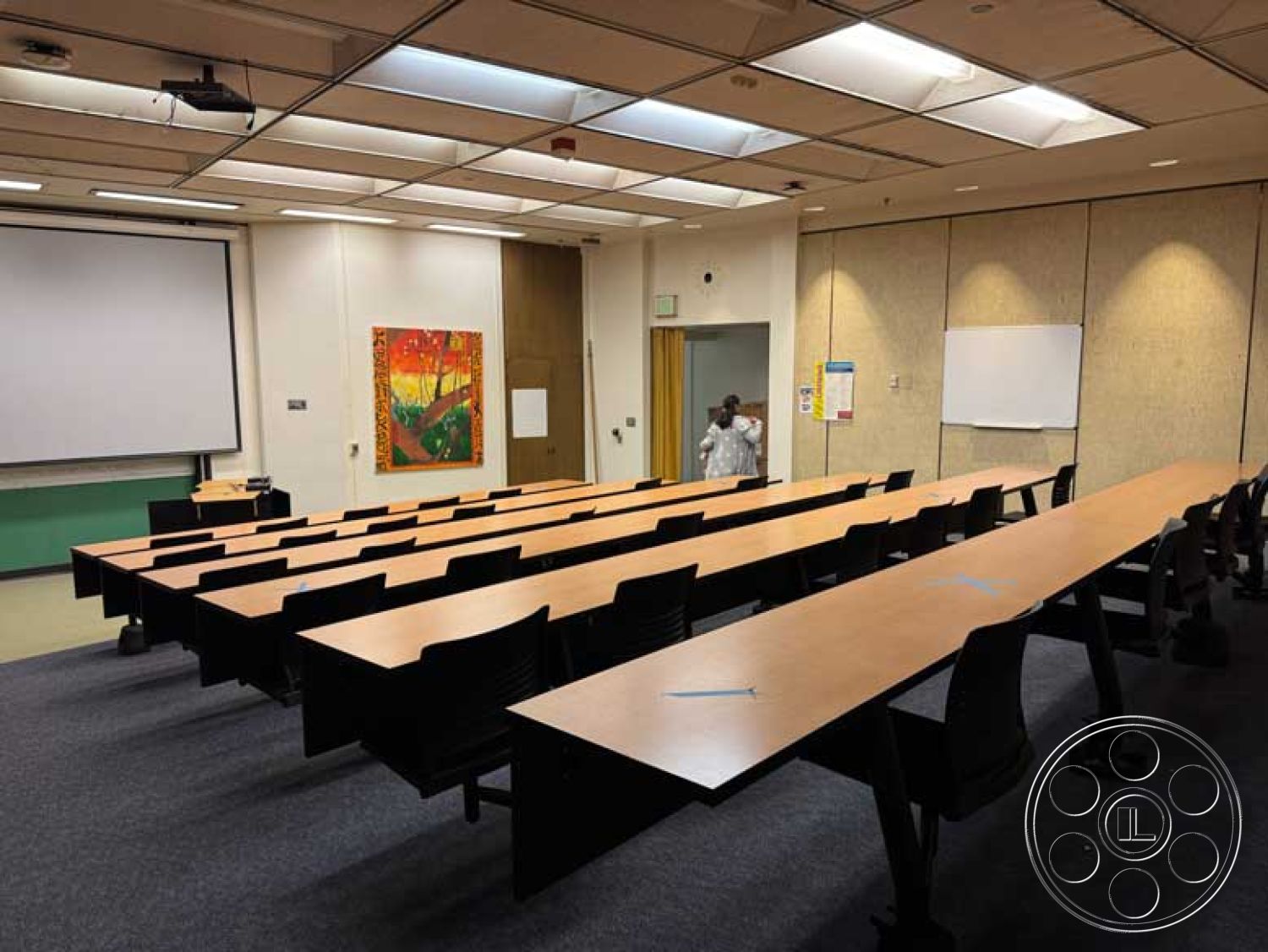 Old School - open layout, track lighting, carpet flooring, artwork on wall, projector screen, double door entry, black plastic chairs, acoustic ceiling tiles, interior classroom space, drywall partition walls, wooden lecture tables, wall-mounted whiteboard, green chalkboard