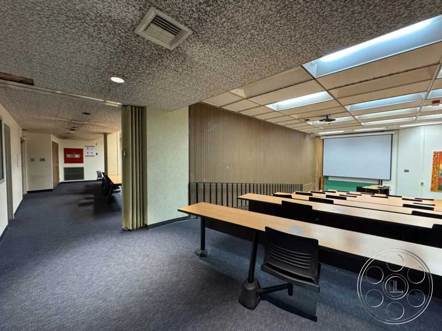 Old School - functional workspace, gray carpet flooring, modernist design elements, educational environment, black plastic chairs, fluorescent lighting fixtures, open hallway layout, wood paneling accent wall, textured acoustic ceiling panels, interior classroom space, collaborative learning space, multi-functional room, fixed lecture tables, projector screen on wall, two-tone wall colors