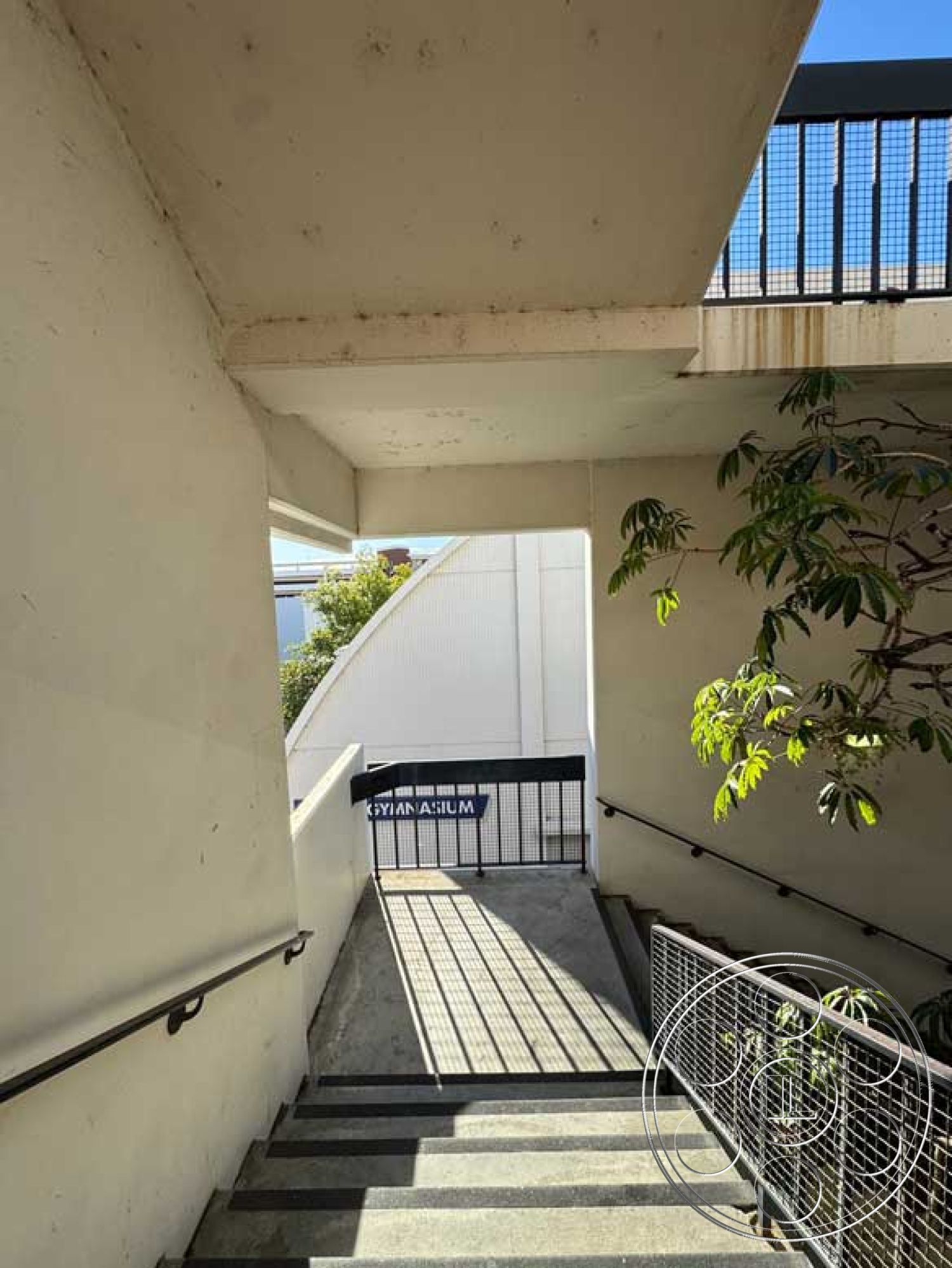 Old School - concrete wall, functional outdoor space, textured concrete surface, modern architectural details, exterior concrete stairs, open air landing, steel handrails, linear light and shadow patterns, vegetation along stairway, urban gymnasium entrance