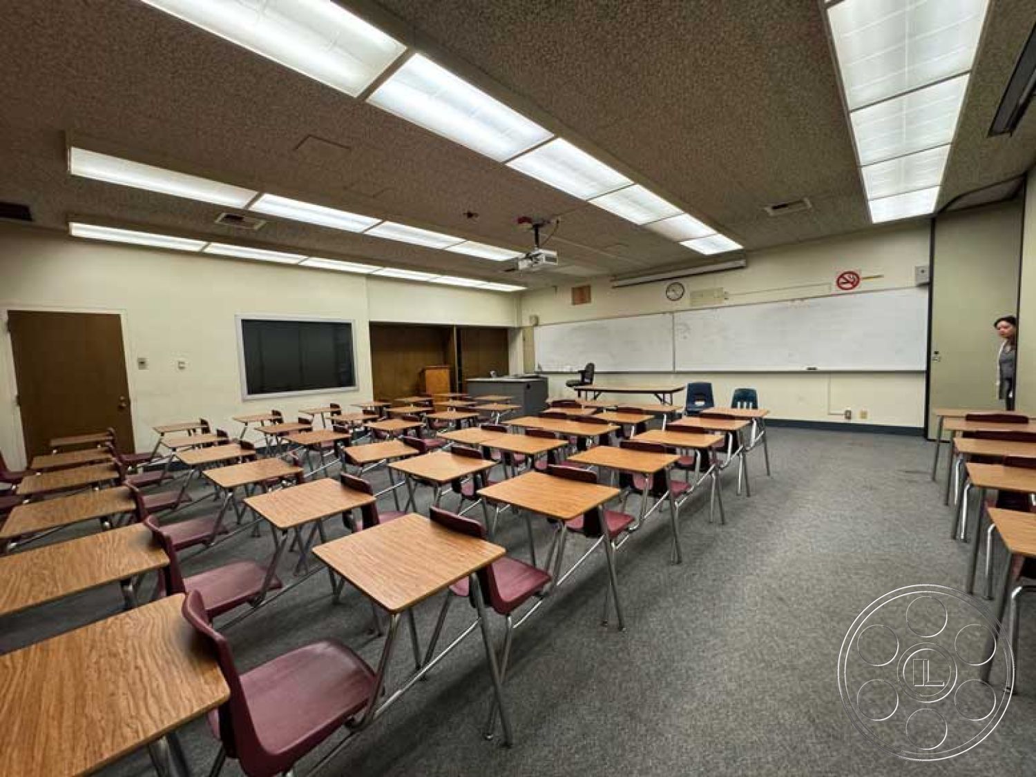 Old School - wooden door, carpet flooring, window with blinds, blackboard wall, acoustic ceiling tiles, whiteboard wall, drop ceiling with fluorescent lighting, interior classroom, teacher's desk area, standard classroom layout, wooden student desks, metal-framed chairs, projector screen setup