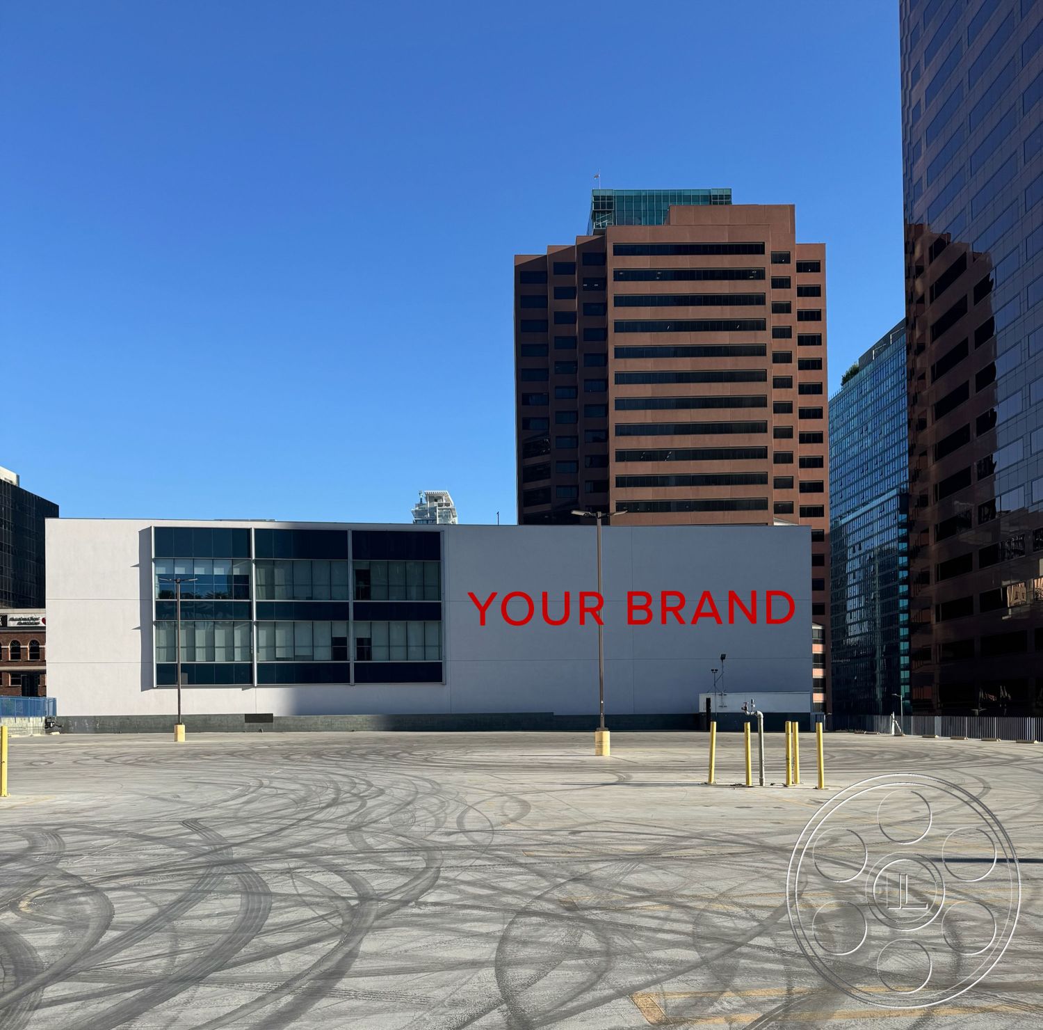 Rooftop 6 - large glass windows, urban skyline view, asphalt driveway, flat roof design, interior open floor plan, minimalist architectural style, steel support beams, glass facade walls, concrete parking lot surface, modern commercial building, paved access road, exterior branding elements, multistory office buildings, single-storey mezzanine, articulated exterior forms