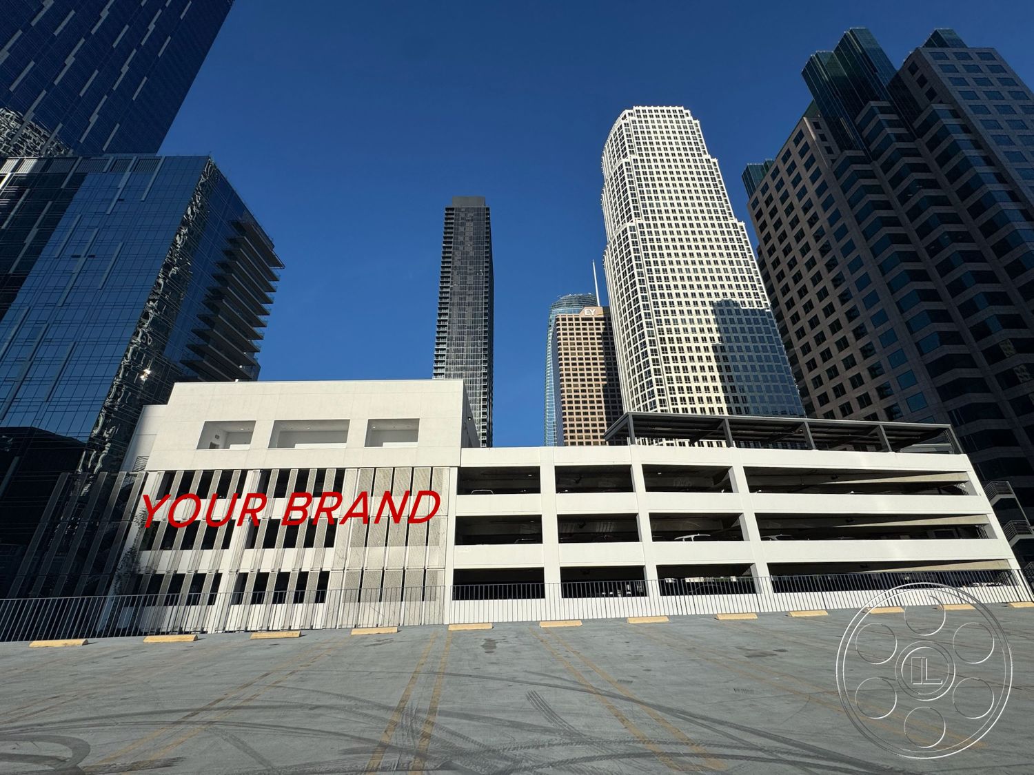 Rooftop 6 - urban setting, modern architectural style, open-air design, flat roof design, exterior parking structure, city skyline backdrop, glass window facade, functional commercial space, concrete parking garage walls, steel parking garage railings, striped concrete driveway, multistory structure, reinforced concrete columns, minimalist facade details, symmetrical architectural form