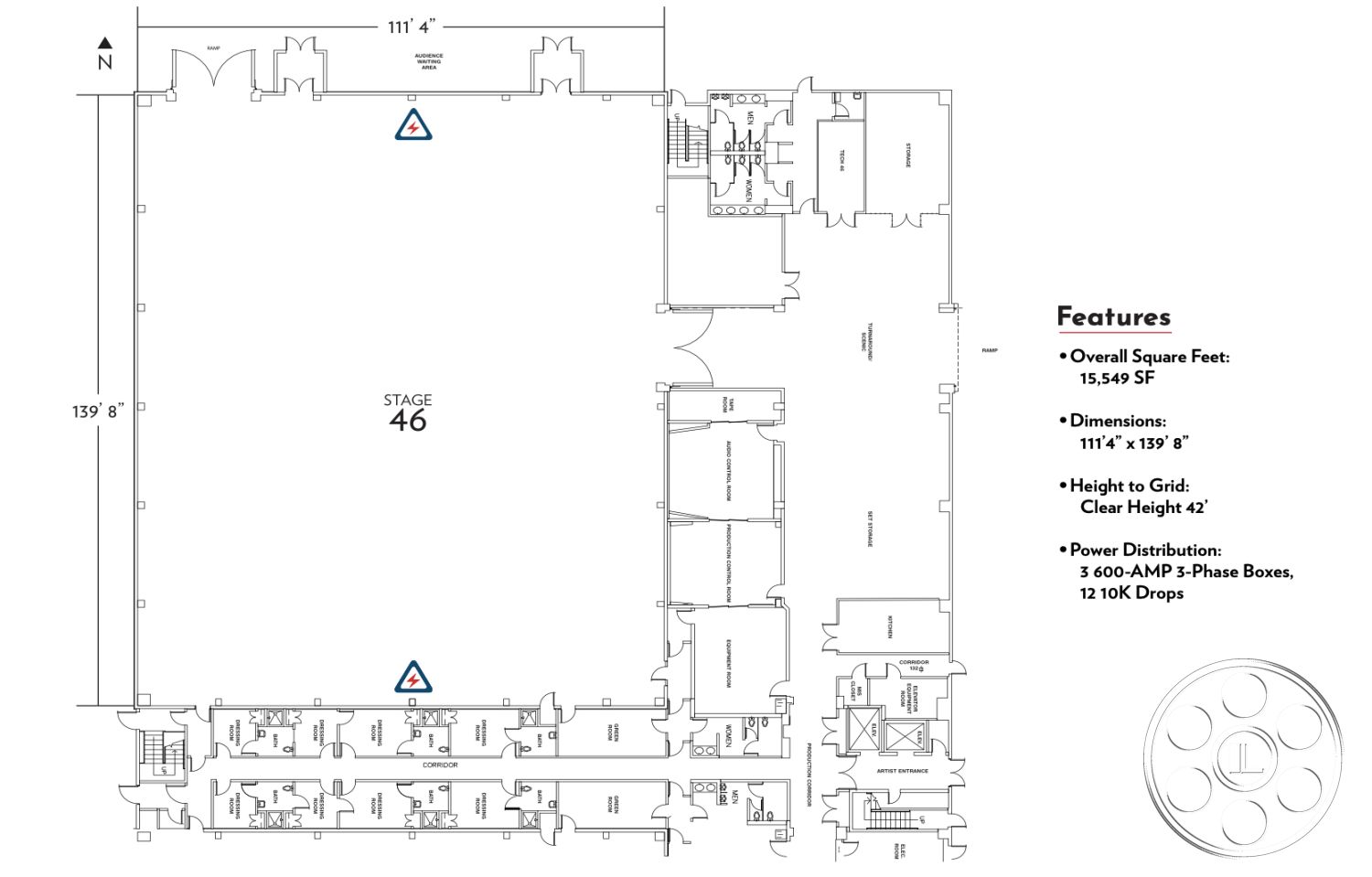 Stage 33 - open floor plan, interior space, high ceiling, exposed ductwork, stage area, multi-purpose room, seating arrangements, ventilation system, large entryway, modern industrial design, acoustic panels, lobby area, concrete floor finish, corridor layout, 15,549 square feet, clear height 42 feet, 600-AMP 3-phase electrical boxes, visitor amenities, rigging points for lighting, emergency exit routes, sanitary facilities, catering kitchen access, entrance features, fire safety systems, adjustable staging equipment, functional space for events, crowd flow paths