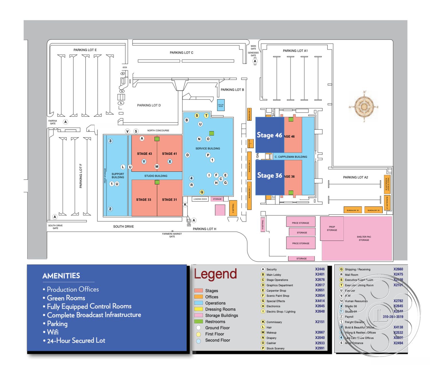 Stage 33 - interior studio building with high ceilings, exterior parking lot with asphalt surface, exterior stage 36 building with concrete foundation, exterior stage 46 with glass windows, interior green room with soft seating, interior production office with drywall partitions, exterior service building with metal siding, interior fully equipped control room with soundproof walls, exterior dressing rooms with wooden decking, exterior storage building with corrugated metal roof, interior restrooms with tiled floors, interior wifi accessible areas with open floor plan, exterior parking lot H with paved lanes, exterior support building with flat roof, interior storage space with concrete block walls