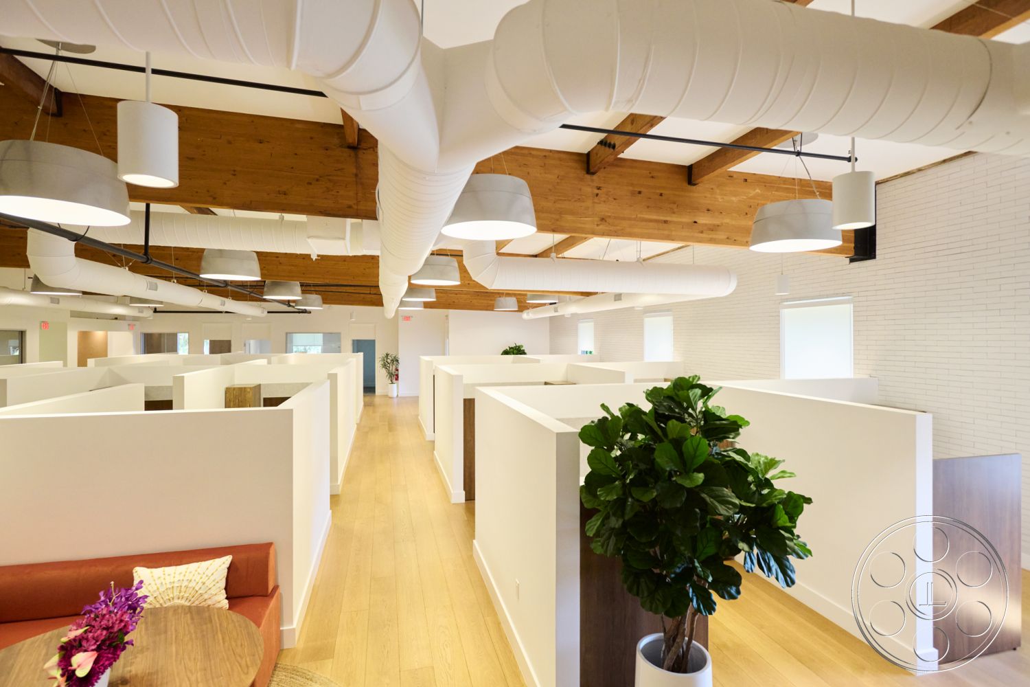 Office 129 - cubicles, light hardwood flooring, minimalist design elements, exposed wooden ceiling beams, open office layout, natural light from large windows, round pendant lighting, greenery with potted plants, linear LED lighting fixtures, white painted drywall walls, cubicle workspaces, textured beige accent wall, modern casual seating area, air conditioning ductwork