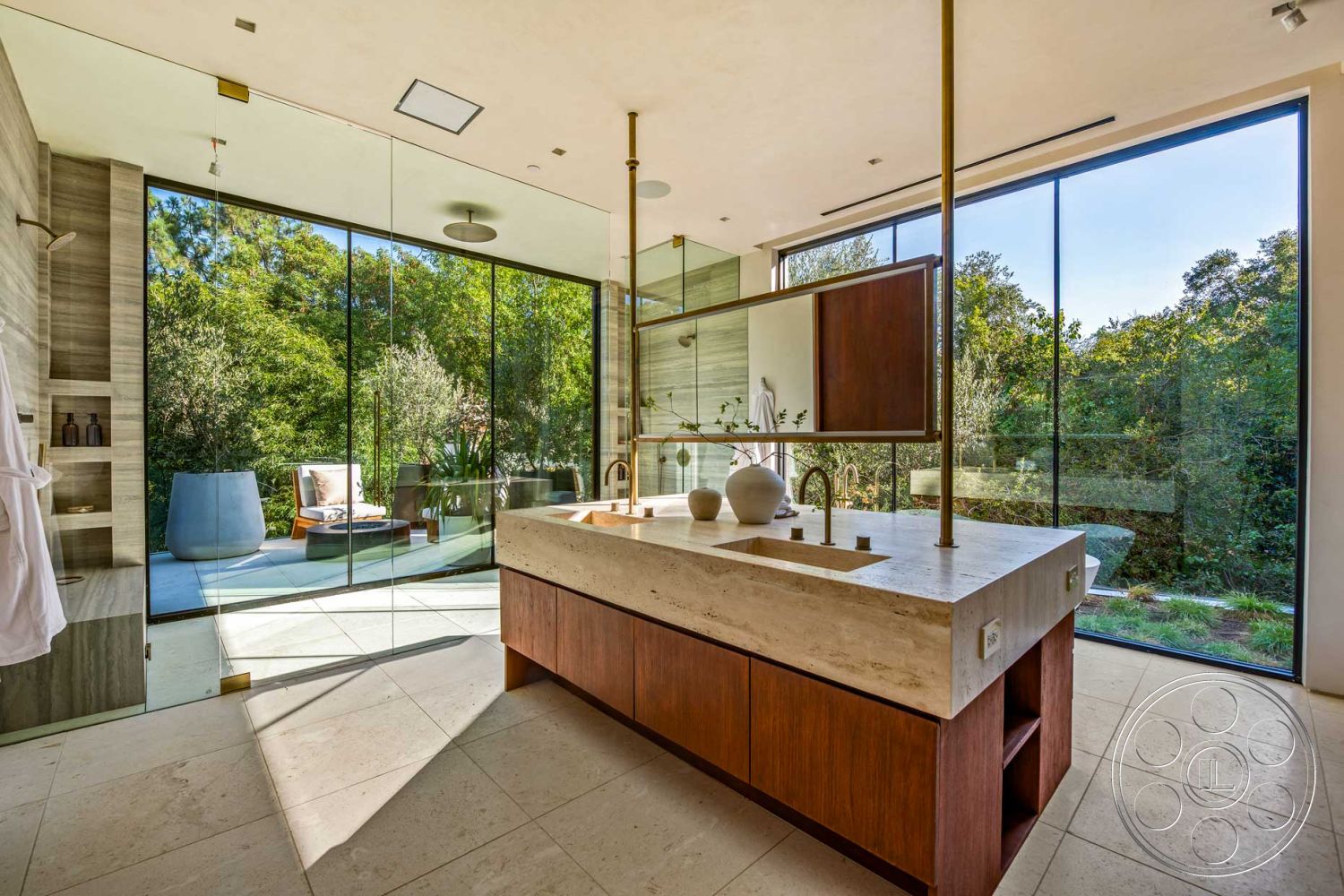 Modern 520 - minimalist decor, neutral color palette, textured stone wall, glass shower enclosure, geometric ceiling design, surrounding forest setting, floor-to-ceiling glass windows, modern faucet fixtures, outdoor patio access, natural light throughout, marble bathroom flooring, concrete countertop sink, wooden bathroom vanity, open-concept bathroom design