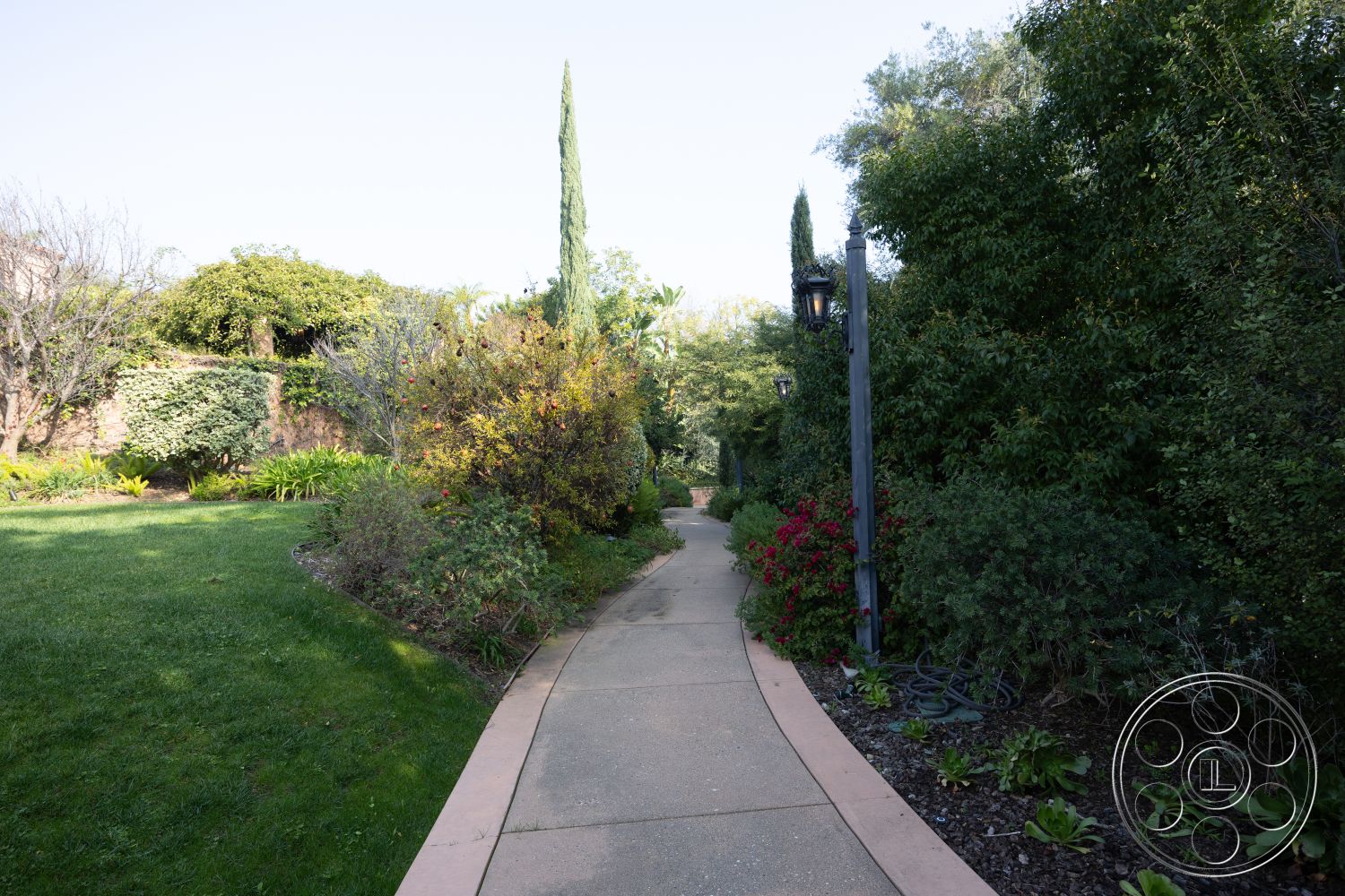 Mansion 145 - ornamental trees, outdoor lighting fixtures, bushy greenery, landscaped garden setting, exterior concrete walkway, lush garden environment, curved concrete path, blooming flower beds, flat grass lawn, walkway bordered by plants, well-maintained garden path, scenic garden pathway, perennial flower landscaping, decorative pathway design, natural garden aesthetics