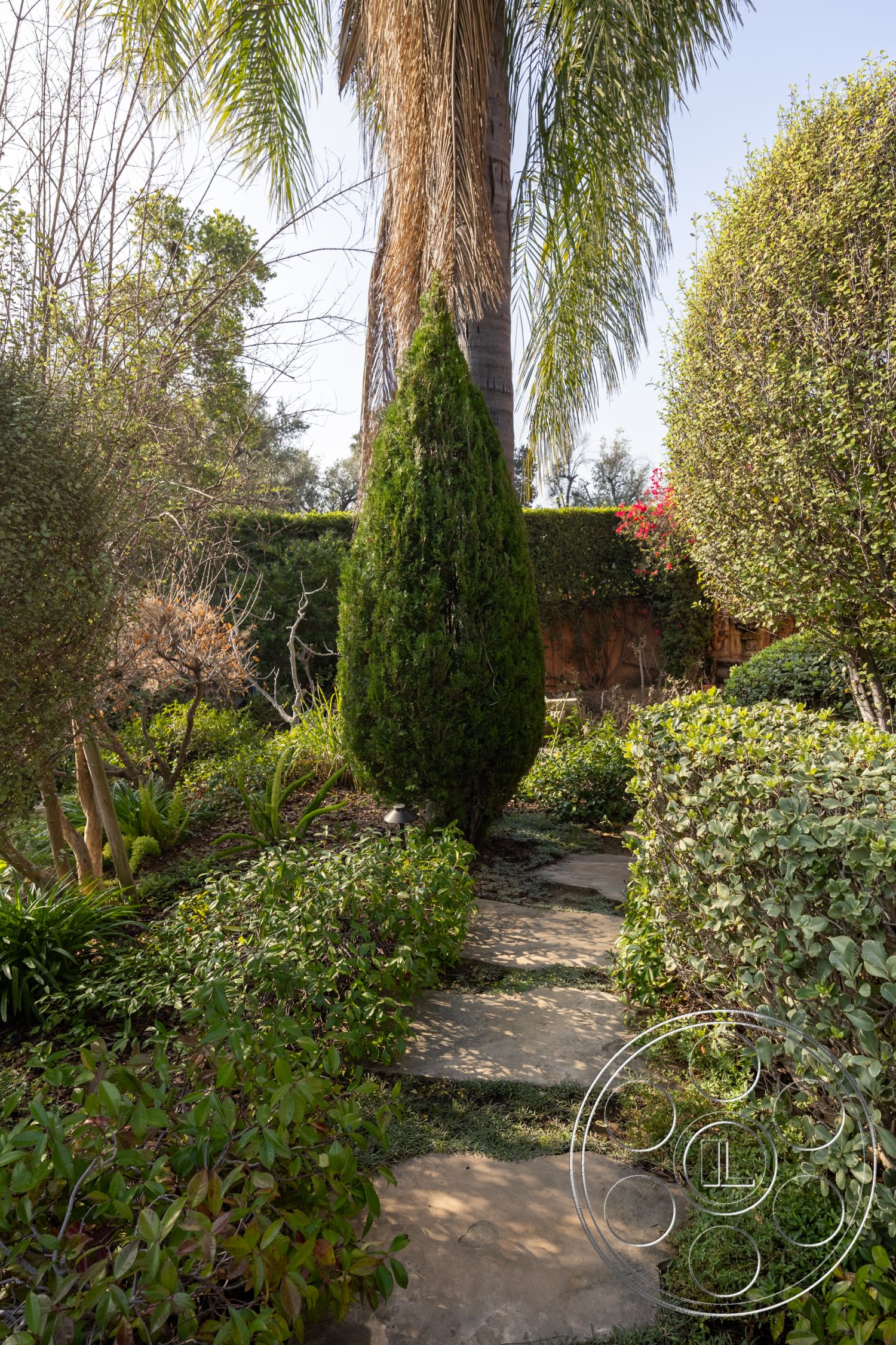 Mansion 145 - flowering plants, tropical landscape, natural stone pathway, tall palm trees, ornamental trees, low shrubs, curved garden path, exterior garden setting, soft landscape edges, flagstone walkways, round hedge borders, lush green garden, sun-dappled pathway, tufted grass, botanical garden design, seasonal foliage variations