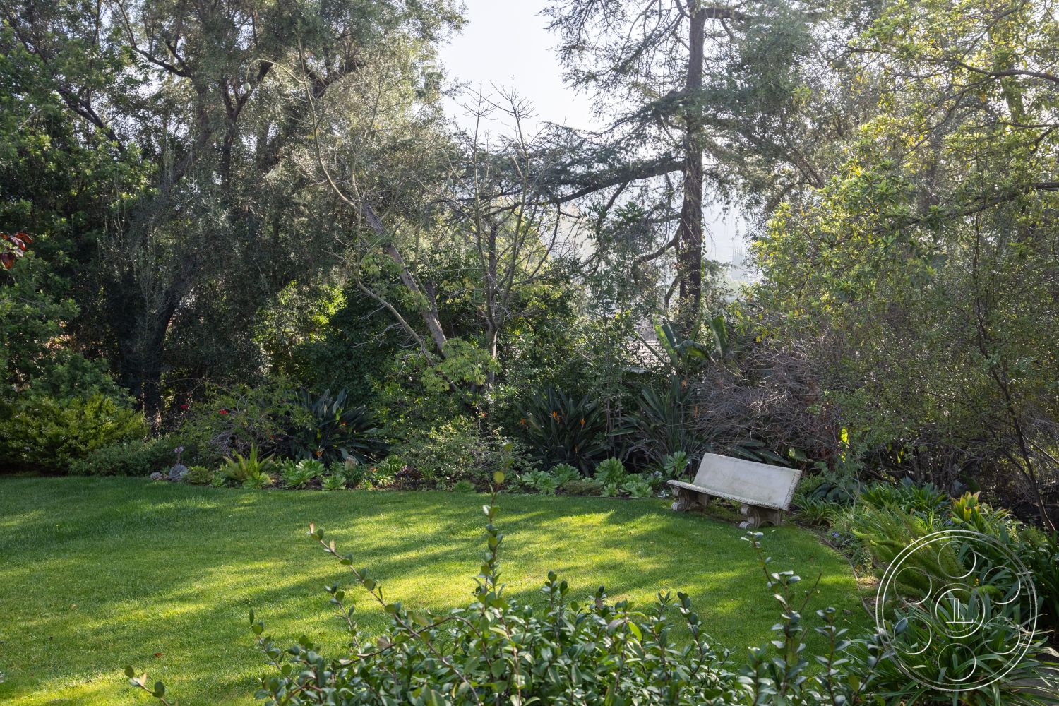 Mansion 145 - flowering plants, suburban backyard, deciduous trees, lush garden setting, wooden garden bench, manicured lawn area, tranquil garden retreat, exterior natural landscape, evergreen foliage, soft grass ground cover, serene outdoor space, shady tree canopy, biodiverse planting beds, forest-like ambiance