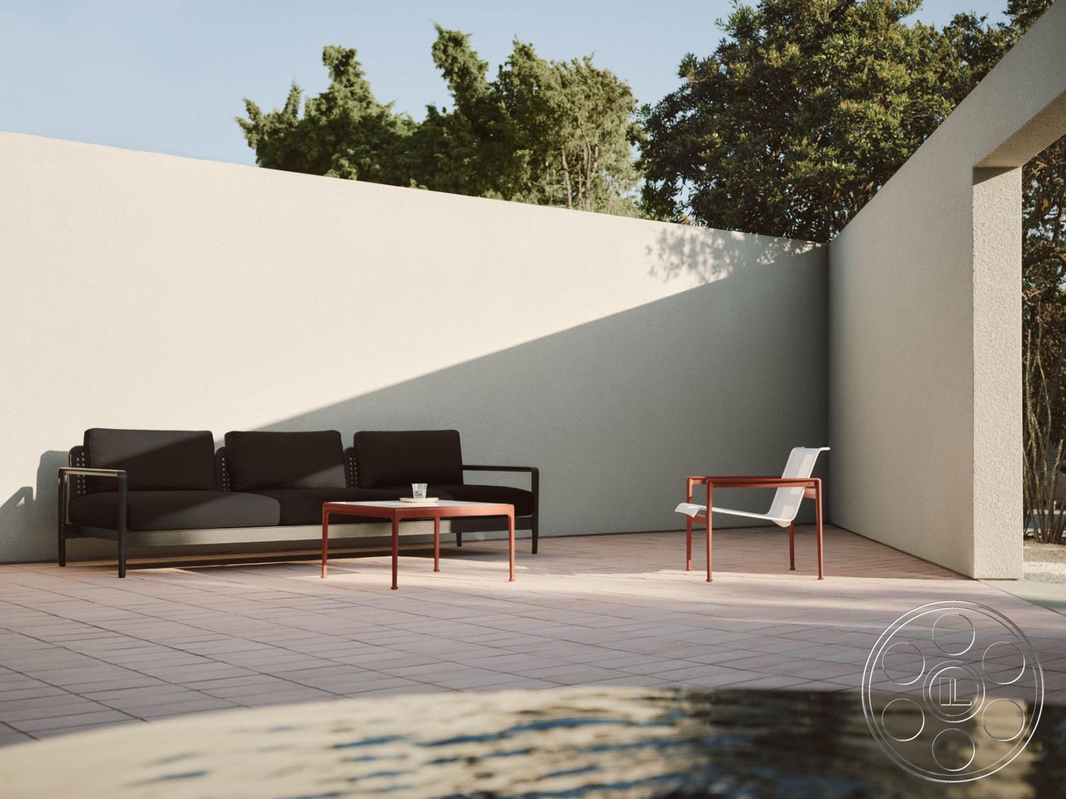 Modern 521 - neutral color palette, ceramic tile flooring, modern outdoor furniture, soft natural lighting, textured plaster walls, contemporary coffee table, open air setting, sun-drenched space, urban outdoor retreat, exterior patio area, minimalist design aesthetics, rectangular patio design, black upholstered seating, metal armchair, lush green trees background