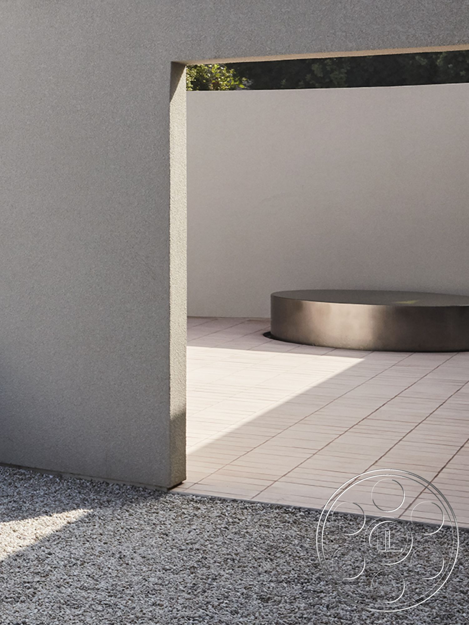 Modern 521 - neutral color palette, open-air design, seamless indoor-outdoor flow, contemporary outdoor living space, minimalist architectural design, natural light entry, textured stucco exterior walls, exposed aggregate concrete floor, circular steel seating area, rectangular outdoor patio, landscaped gravel courtyard, shadow play on patio surface, modern architectural forms