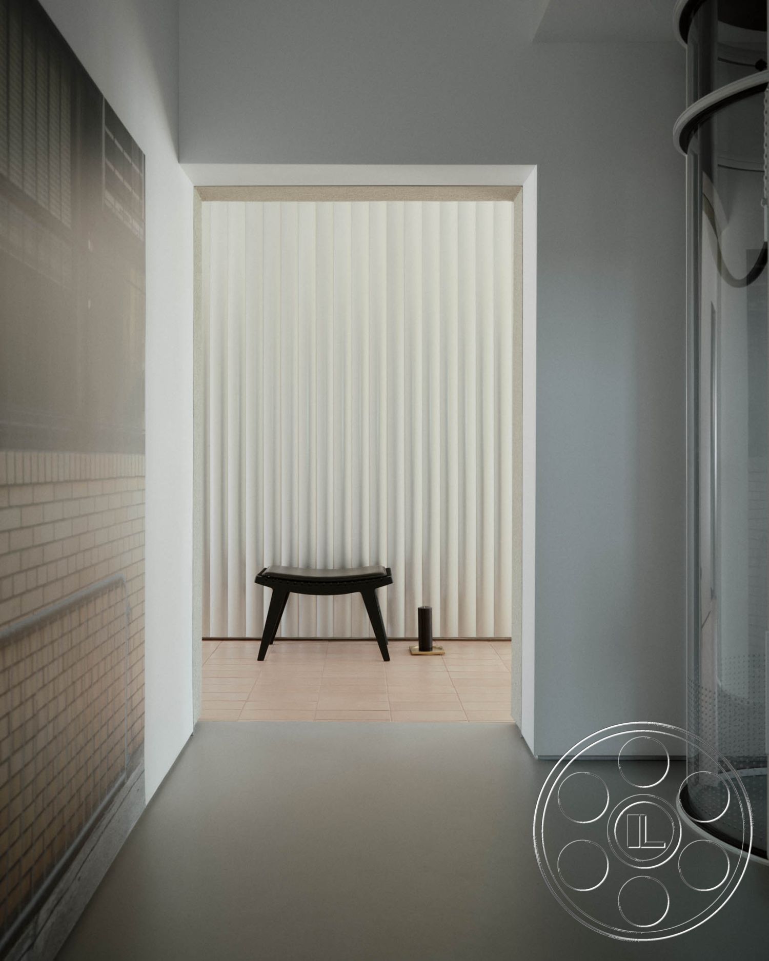 Modern 521 - neutral color palette, interior space, subtle lighting features, soft natural light, open-concept layout, contrast between materials, modern minimalist aesthetic, minimalist architectural style, elegant entryway design, spacious hallway design, floor-to-ceiling window view, paneled wall detail, textured vertical wall treatments, light-colored ceramic tile flooring, dark wooden bench furniture, geometric forms in furniture, curved floor plan elements, continuity of materials