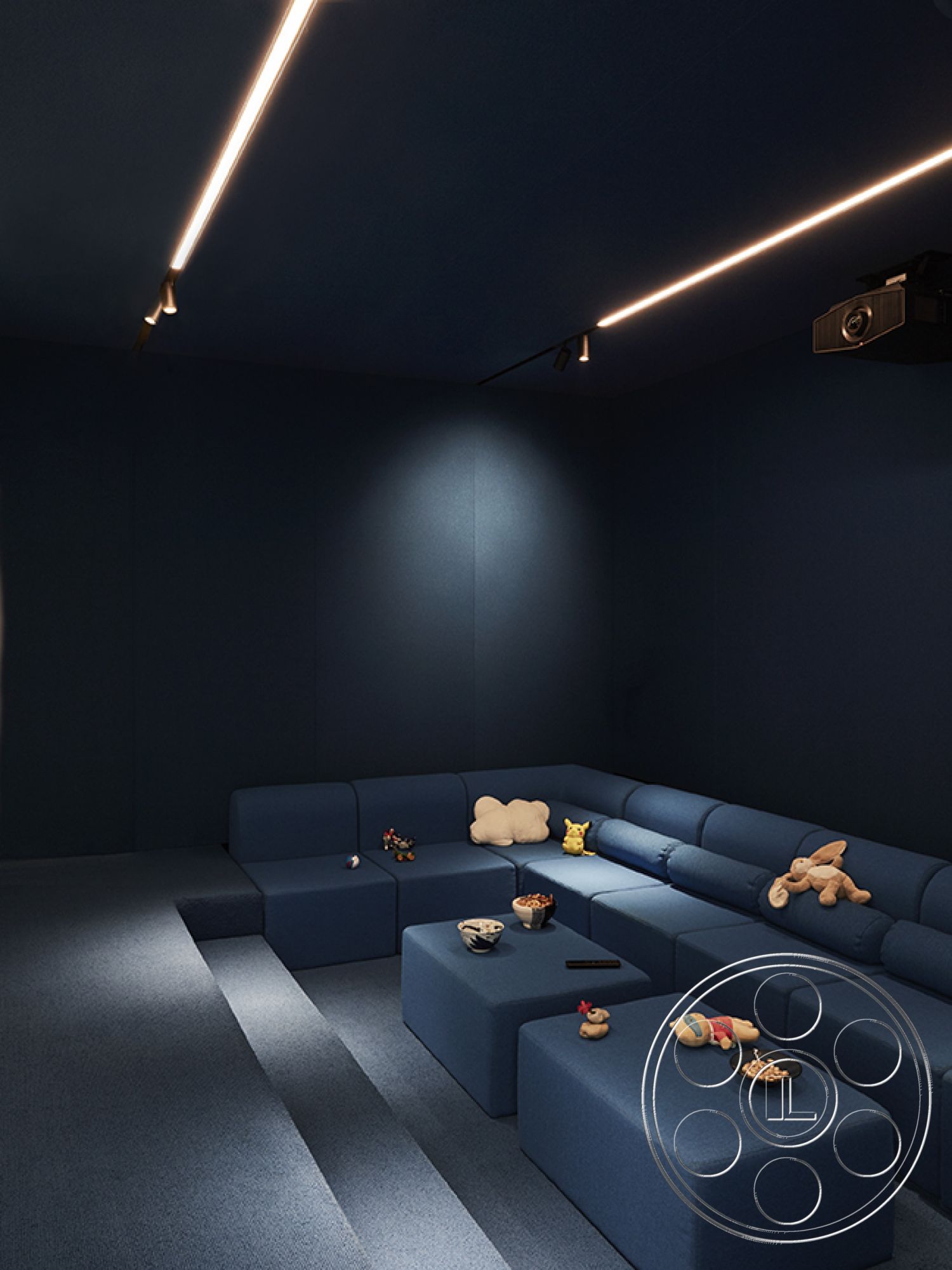 Modern 521 - ambient LED ceiling lighting, interior plush seating area, textured fabric wall treatment, projector mounted on ceiling, dark blue wall paneling, soft textile floor covering, modular couch with rounded edges, multicolored cushions, low rectangular coffee tables, child-friendly decor elements, cozy entertainment room, soft blue color scheme