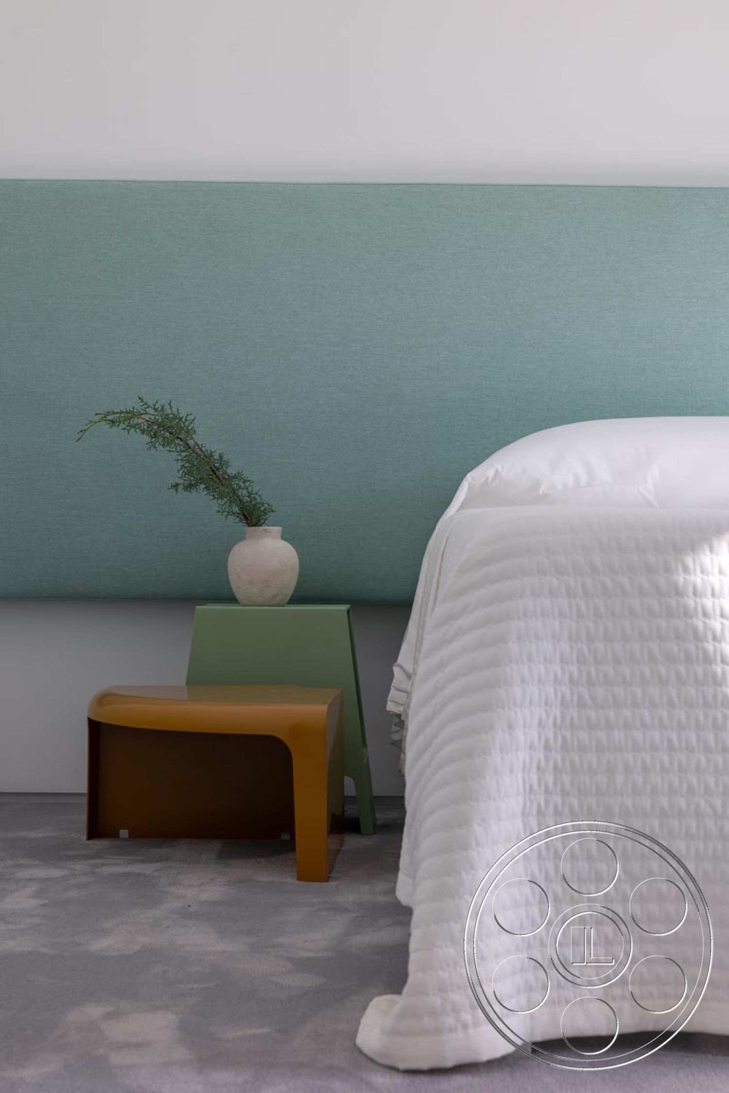 Modern 521 - neutral color palette, minimalist design elements, simple geometric shapes, white quilted bedding, green side table, smooth wall surfaces, textured carpet flooring, modern accent furniture, elevated bedroom interior, soft fabrics headboard upholstery, contemporary orange stool, natural decor accent, subtle contemporary aesthetics, functional bedside arrangements