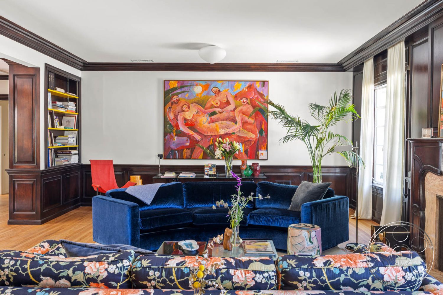 English 60 - modern coffee table, green indoor plants, cozy reading nook, stylish accent chair, hardwood living room floors, mid-century modern design elements, floor-to-ceiling windows with sheer curtains, light-filled interior, open floor plan living area, contemporary wall art, exposed wood paneling, velvet sectional sofa, neutral colored walls, floral patterned throw pillows, built-in bookshelf with modern design, wooden mantel fireplace, u-shaped sectional sofa layout, elegant decorative accents, bright natural light flooding the space, vibrant color palette in decor