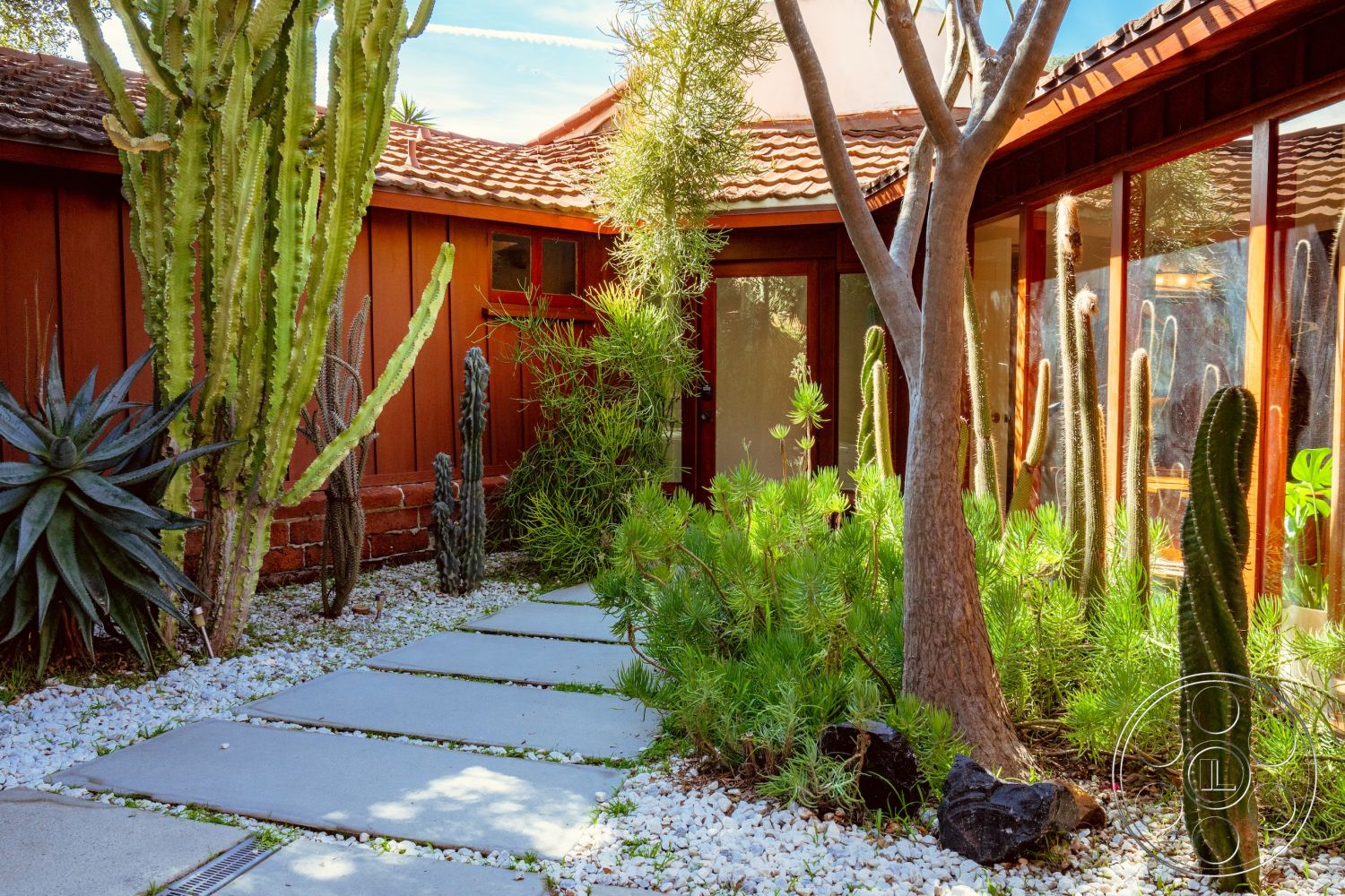 Pad 90210 - desert landscaping, terracotta tile roof, glass window walls, exterior concrete pathway, exposed wood framing, rectangular concrete stepping stones, tropical foliage accents, succulent garden beds, wooden siding walls, landscape gravel ground cover, cactus plants arrangement, modern outdoor garden design, sunny courtyard setting, minimalist exterior features
