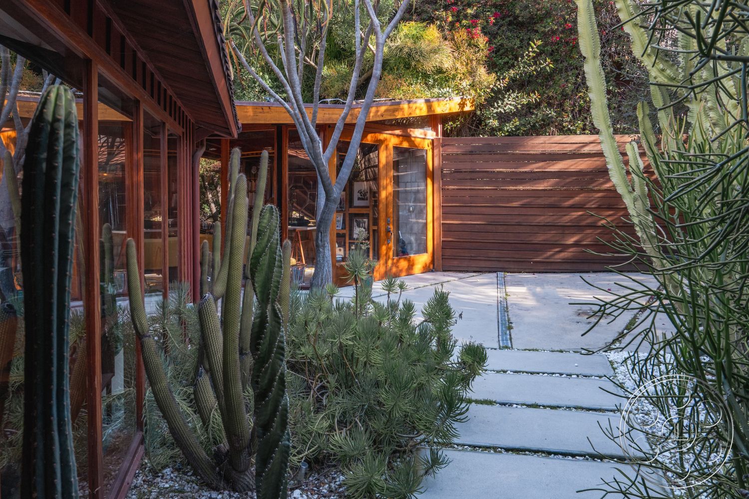 Pad 90210 - low-maintenance xeriscaping, minimalist outdoor design, glass wall elements, desert plant landscaping, flat-roofed modern architecture, exterior wooden privacy fence, floated concrete pathway, wooden frame windows, succulent garden landscape, natural stone ground cover, wooden door with glass insets, curved outdoor structure, warm wood siding, cactus garden accents, contemporary courtyard setting
