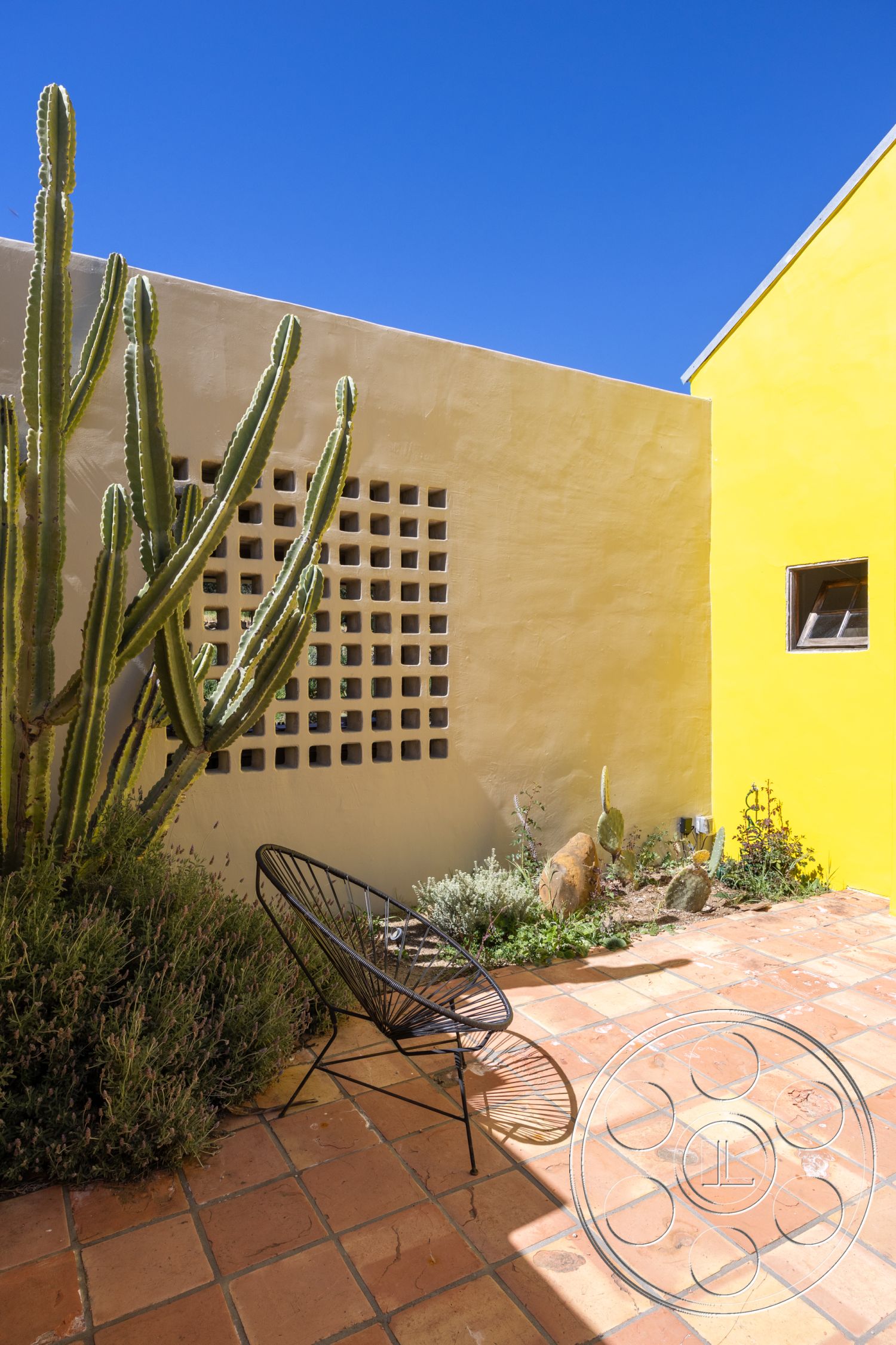Casa del Rey - natural light, terracotta tile flooring, textured plaster wall, stucco wall finish, exterior patio area, sunlit outdoor space, decorative concrete block wall, desert home setting, cactus garden landscaping, yellow painted wall, black wire lounge chair, desert plant vegetation