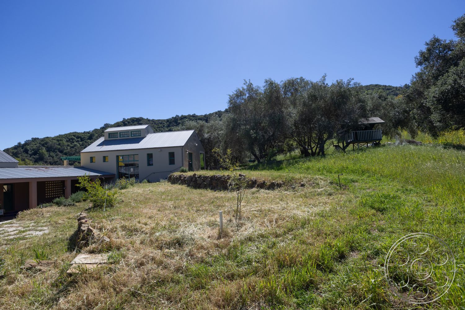 Casa del Rey - exterior, outdoor seating area, sloped terrain, floor-to-ceiling windows, minimalistic design, mountain view, wood siding, green grass lawn, metal roof, natural stone retaining wall, two-story home, landscaped garden area, concrete foundation, open courtyard design, surrounding olive trees, gravel outdoor pathway, rustic modern architecture
