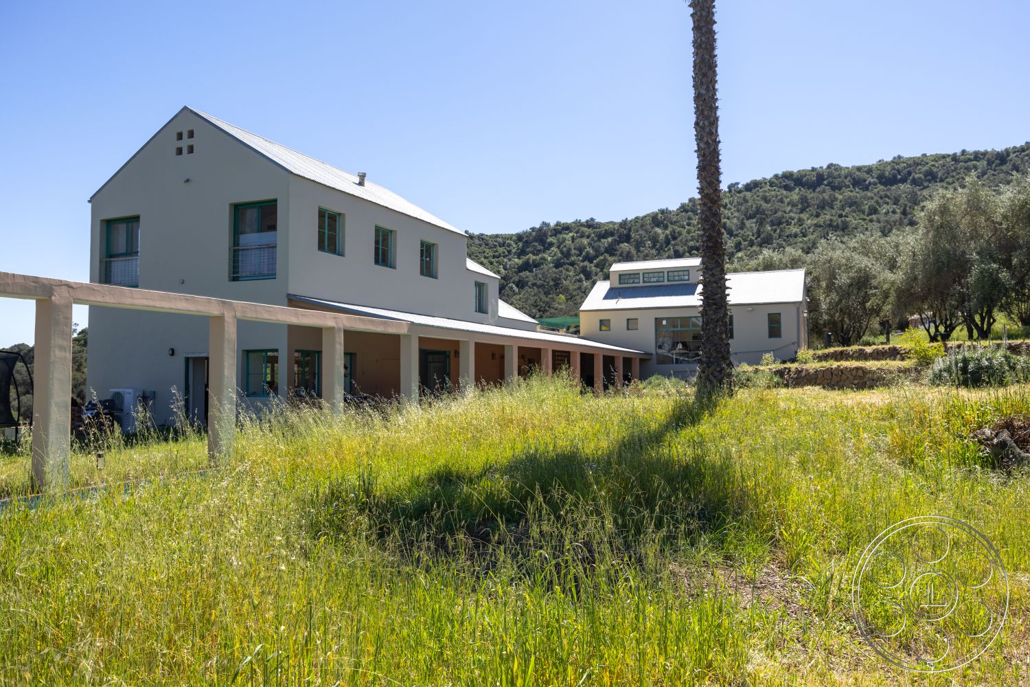 Casa del Rey - large windows, exterior, white stucco walls, minimalist design, wooden deck, modern farmhouse, green landscape, mountain backdrop, metal roofing, paved patio area, rectangular house shape, exposed concrete slab, porch with wood columns, open field setting