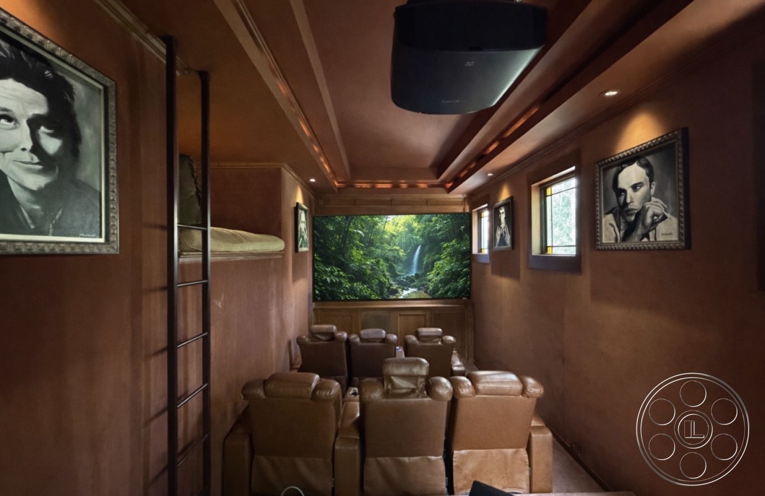 Medit 167 - cozy atmosphere, interior home theater room, spotlight lighting fixtures, leather recliner seating, dark plaster wall finish, wood accented ceiling, framed black and white portraits, low-profile projector system, large format screen, built-in wooden paneling, small rectangular windows, elegant acoustic treatment, metal ladder access, cinematic viewing experience, earthy color tones