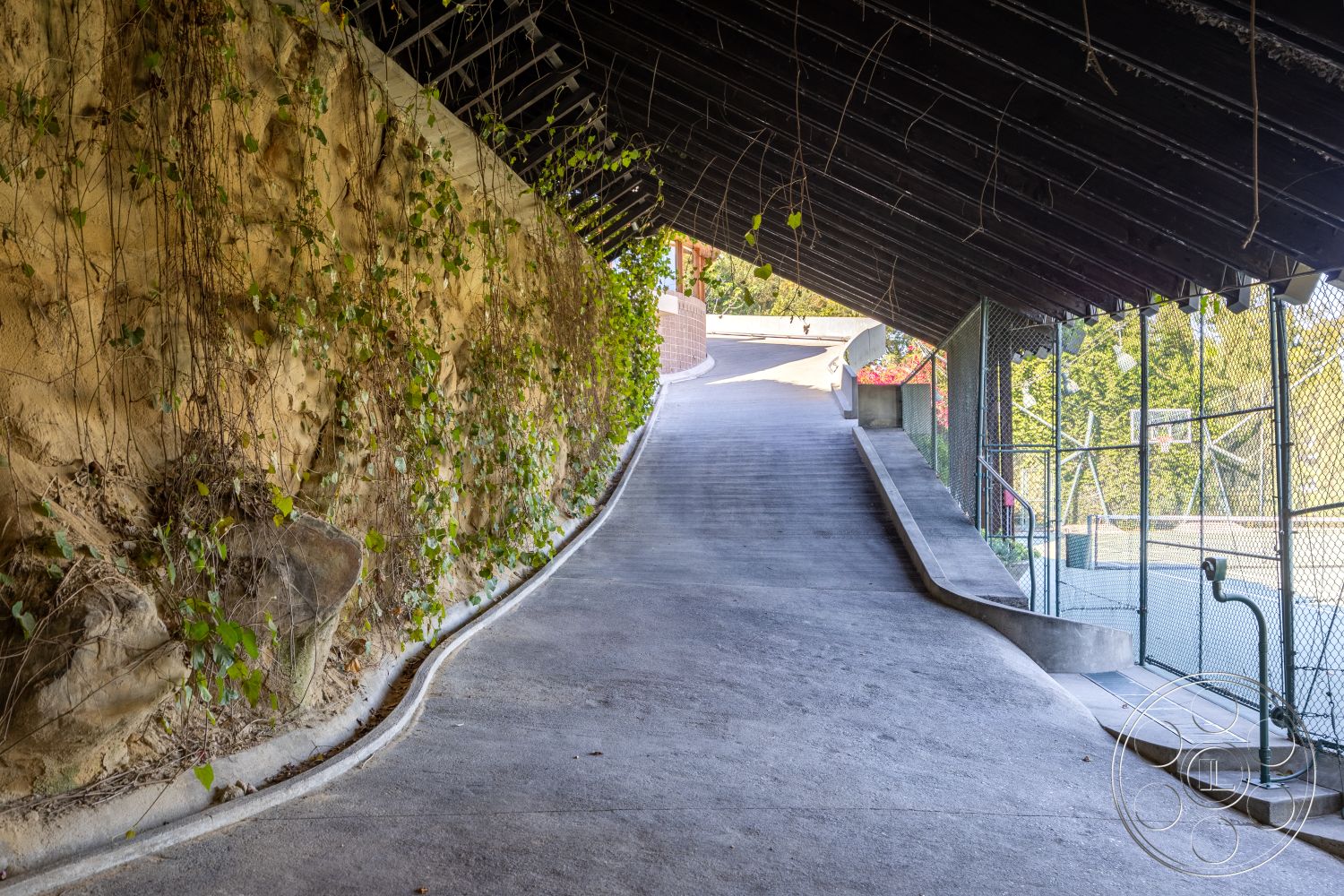 Silvertop House - interior-exterior flow, natural stone retaining wall, textured plaster wall finish, natural light exposure, vaulted ceiling with wooden beams, urban hillside setting, open-air parking area, curved driveway design, landscaped garden elements, exposed concrete driveway, vine-covered wall treatment, covered vehicle ramp, steel mesh fencing, sloped driveway grade, outdoor sports court area, suburban driveway access, sustainable landscape integration