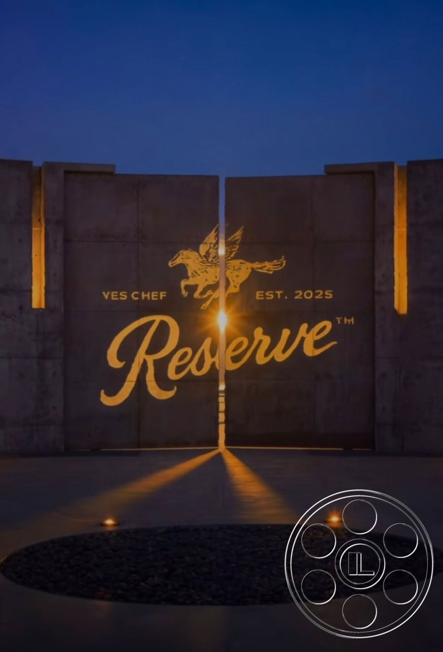 Fortress - nighttime ambiance, contemporary urban setting, modern minimalist design, polished concrete surface, symmetrical architectural form, exterior concrete entrance gate, illuminated concrete wall feature, engraved signage with logo detail, integrated landscape lighting, surrounding pebbled garden, rectangular stone planter, entrance pathway lighting