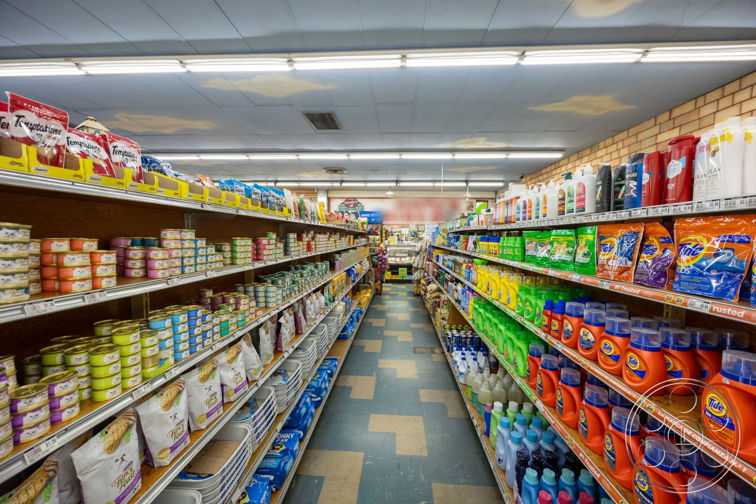 Shop 128 - fluorescent ceiling lighting, metal display racks, tile flooring with checkered pattern, interior store aisle, wooden shelf display, shelf-mounted product organization, cardboard product packaging, plastic bottle cleaning supplies, canned pet food, laundry detergent bottles, snack food packaging, pet food in bags, colorful product labeling