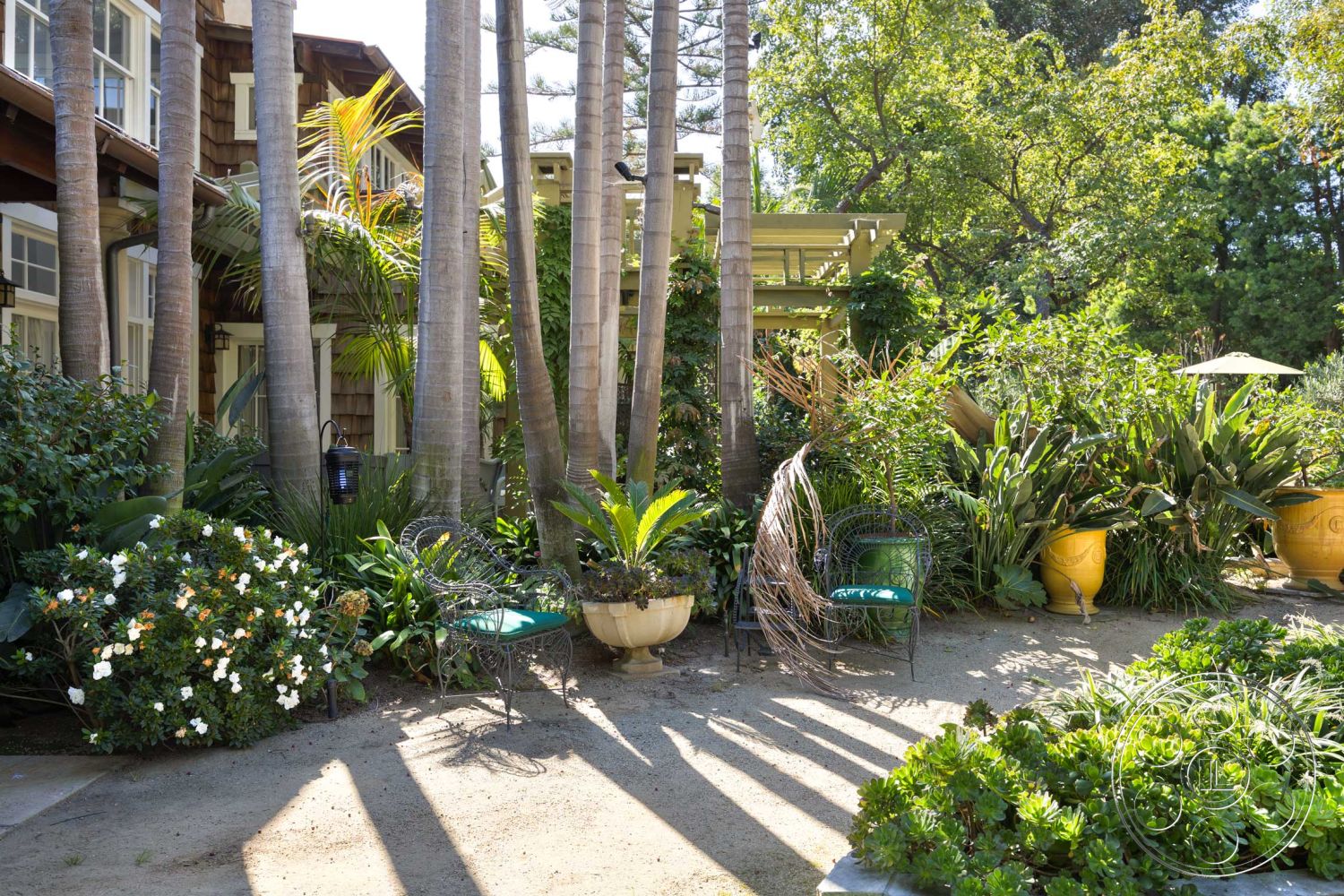 Americana 48 - exterior, palm trees, green foliage, gravel pathway, lush tropical landscaping, decorative ceramic planters, sunlight casting shadows, wood shingle siding, metal outdoor seating