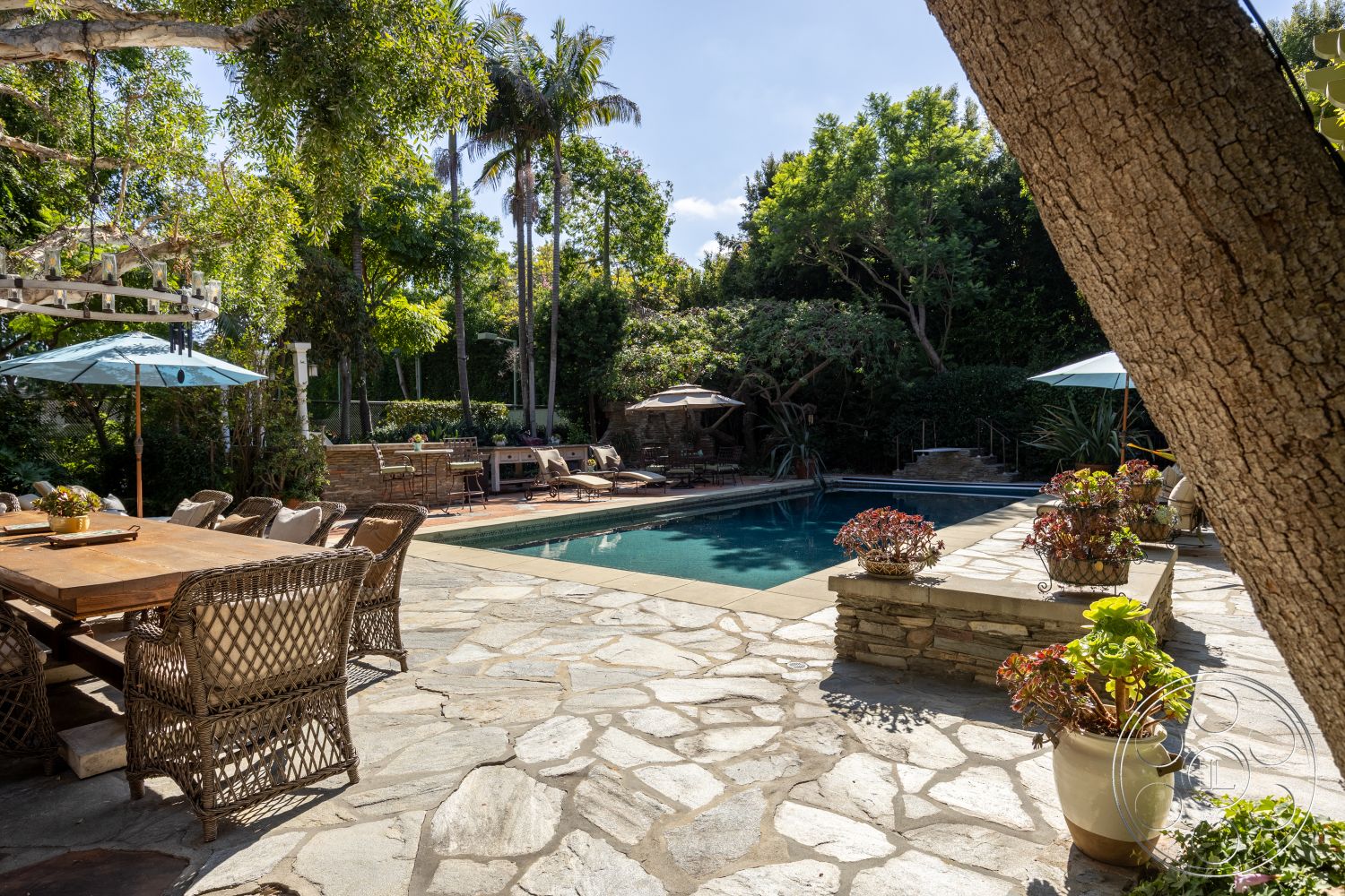 Americana 48 - exterior, wooden dining table, rectangular swimming pool, tropical palm trees, stone fire pit, stone feature wall, outdoor umbrella, landscaped garden setting, stone patio flooring, concrete pool border, wicker dining chairs, flower planters, metal grill station