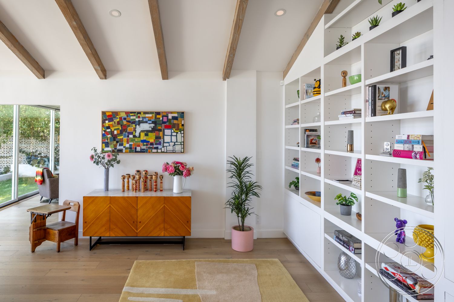Retro 288 - hardwood flooring, exterior, potted plants, abstract wall art, large floor-to-ceiling windows, exposed wood ceiling beams, white painted walls, built-in shelving unit, modern minimalist furniture, contemporary area rug, geometric decorative elements