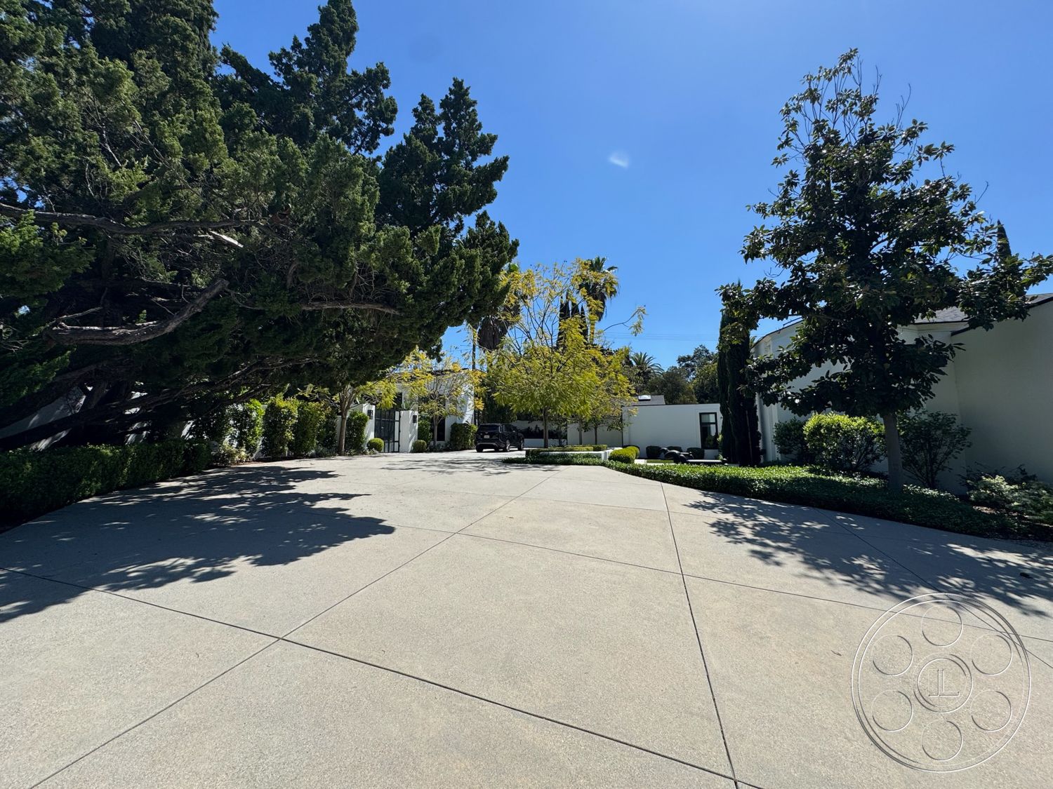 Modern 522 - exterior, landscaped garden, single-story house, modern architectural style, concrete driveway, clear blue sky, tall evergreen trees, low-maintenance shrubs, sunlight casting shadows