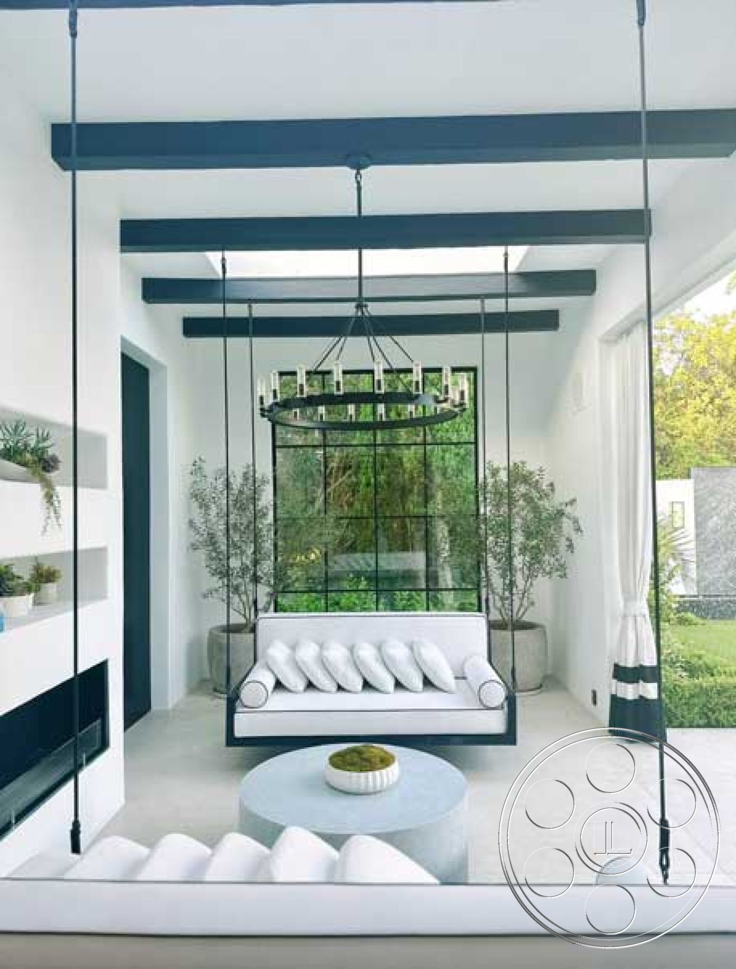 Modern 522 - contemporary style, exterior, minimalist design, floor-to-ceiling windows, modern chandelier, black accent wall, rectangular coffee table, greenery decor, outdoor garden view, exposed wood ceiling beams, white painted walls, concrete patio floor, suspended swinging sofa