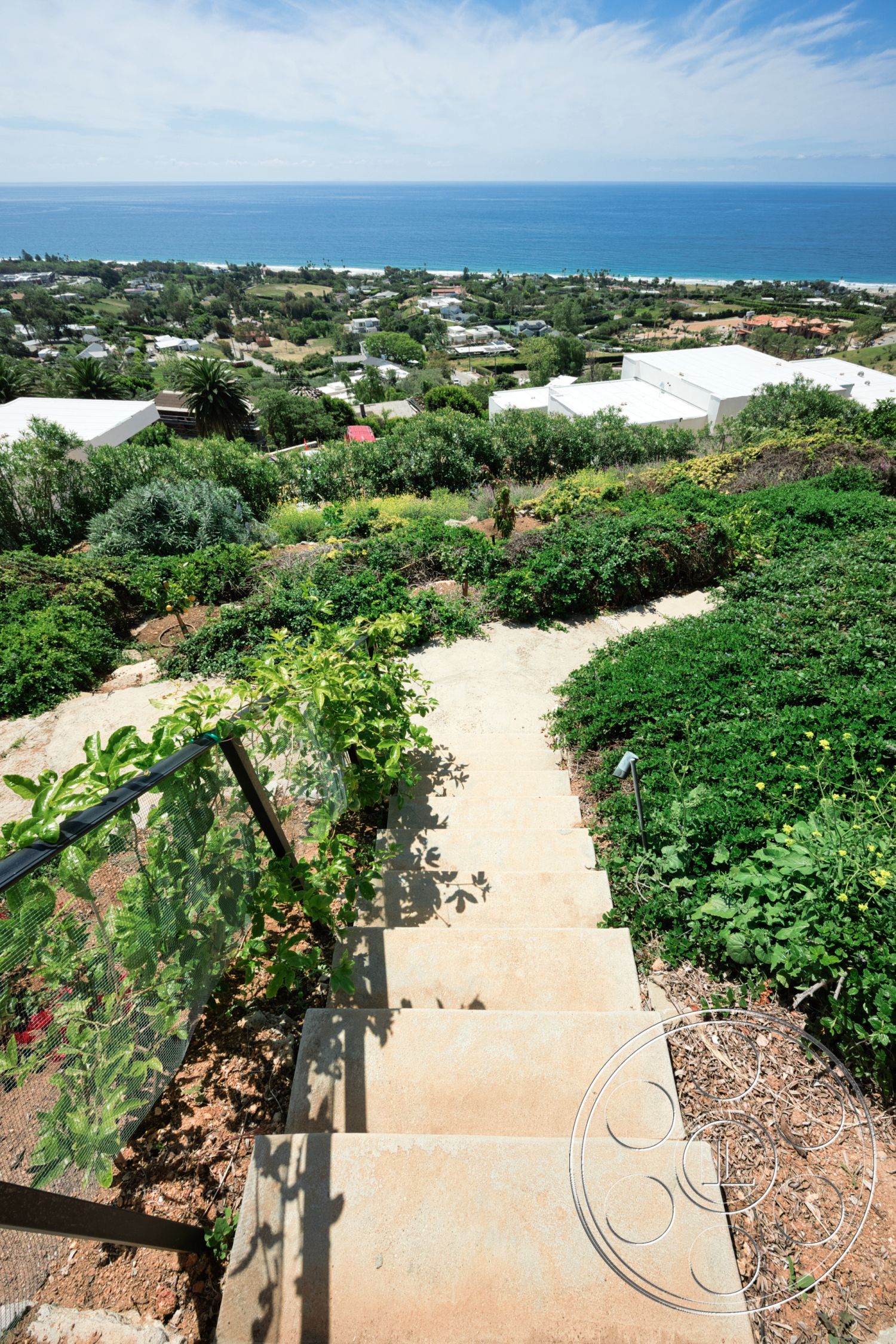 Modern 523 - exterior, landscaped garden, residential neighborhood, glass railing, green foliage, concrete steps, ocean view, natural stone path, coastal setting, hillside location