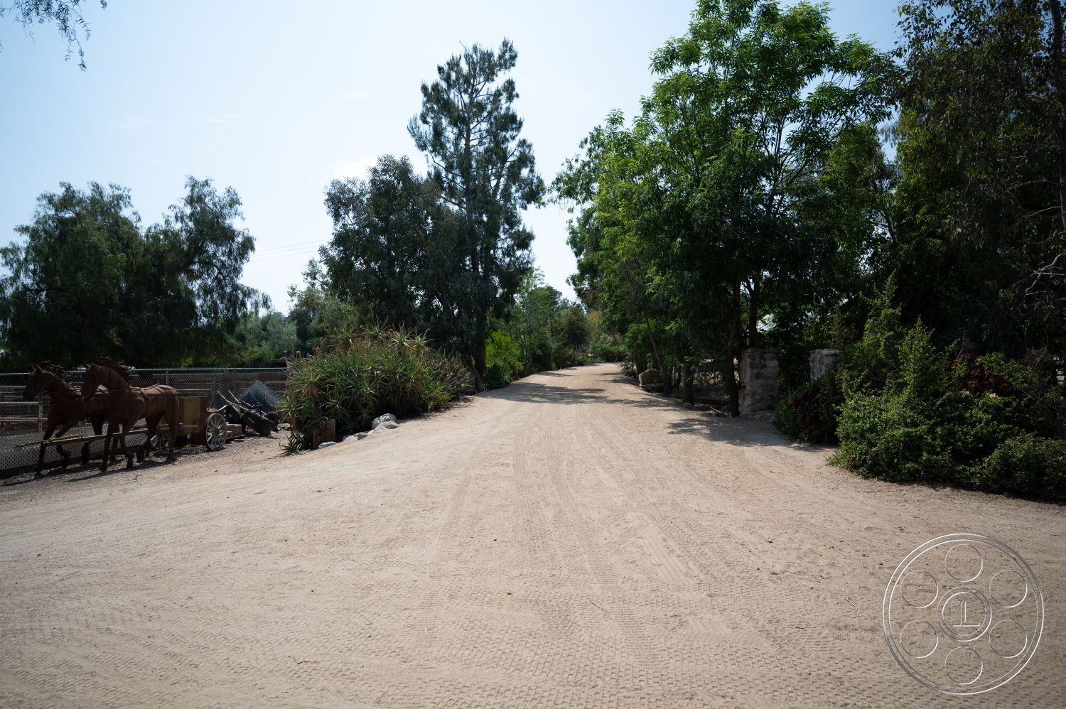 Ranch 6 - surrounding greenery, natural landscape, wooden fence, agave plants, rural setting, dirt road, dirt pathway, outdoor environment, sunny day, rustic horse sculptures, Eucalyptus trees, farm landscape
