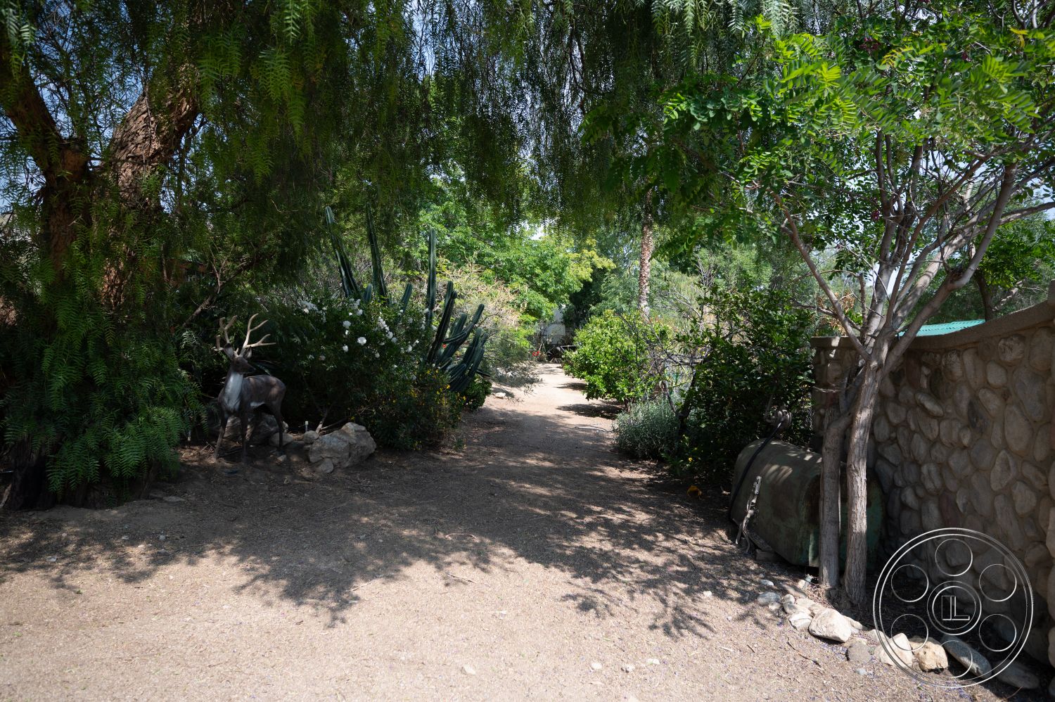 Ranch 6 - privacy hedges, rustic outdoor setting, landscaped garden with native plants, natural stone garden pathway, lush greenery with shrubs and trees, decorative stone boundary wall, dry river rock accents, dirt ground with gravel texture, ornamental tree canopies, wildlife garden decor