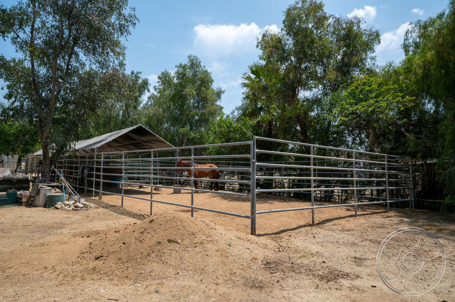 Ranch 6 - exterior, natural landscape, rural setting, sunny outdoor environment, dirt ground surface, metal horse corral fencing, wooden horse shelter roof, vegetation with trees and shrubs, open space for livestock