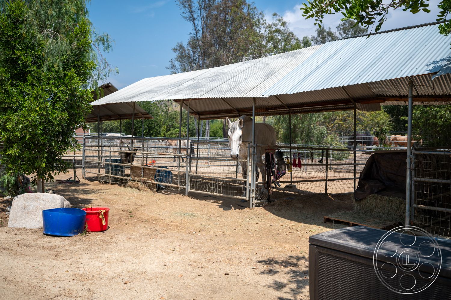 Ranch 6 - exterior, rural setting, metal roofing, greenery landscaping, chain link fencing, dirt paddock flooring, hay storage area, wooden horse stalls, polyethylene water troughs, open barn structure, stable for horses