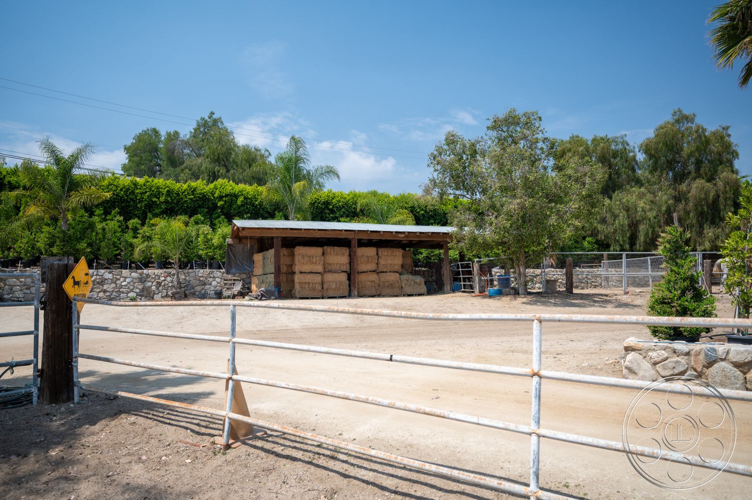 Ranch 6 - exterior, palm trees, metal fencing, gabled roof, desert landscape, gravel driveway, metal roof, dirt ground, stone boundary wall, lush green hedge, wooden horse stable, hay bales storage, wooden sign post