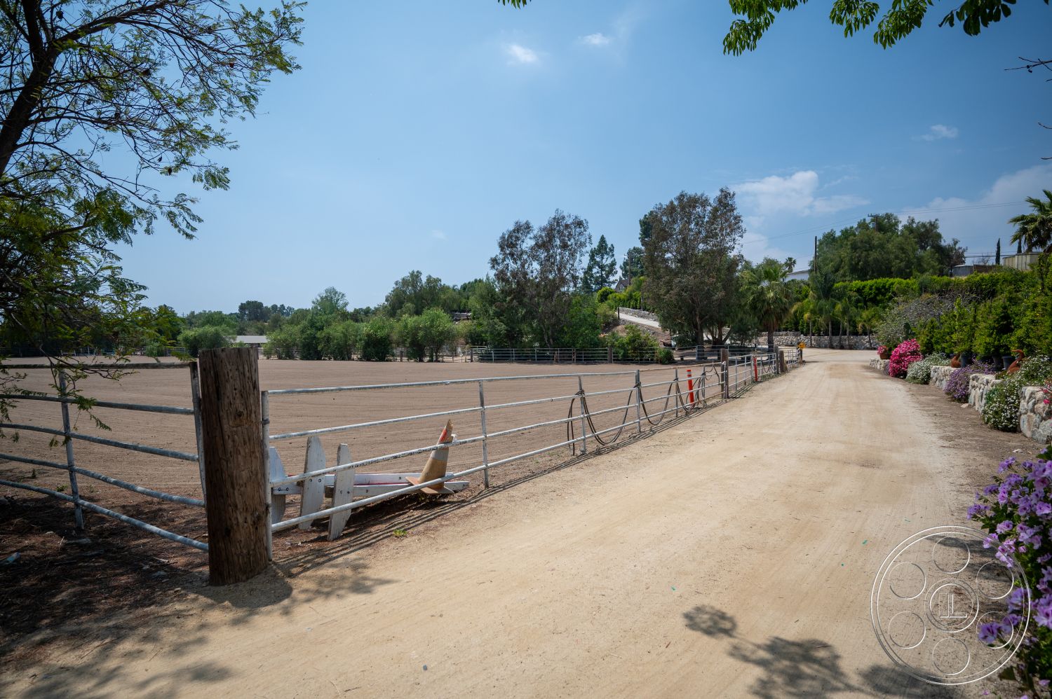 Ranch 6 - metal fencing, green shrubbery, wooden fence, dirt driveway, landscaped flower beds, suburban outdoor setting, open pasture