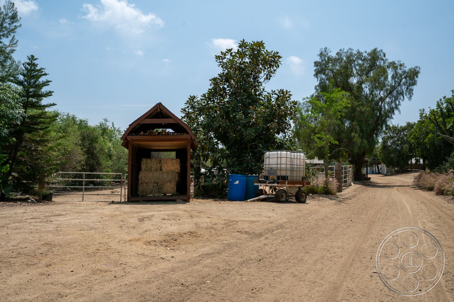 Ranch 6 - lush greenery, metal fencing, tall trees, gravel driveway, dirt pathway, farm environment, wooden hay shed, baled hay storage, exterior rustic setting