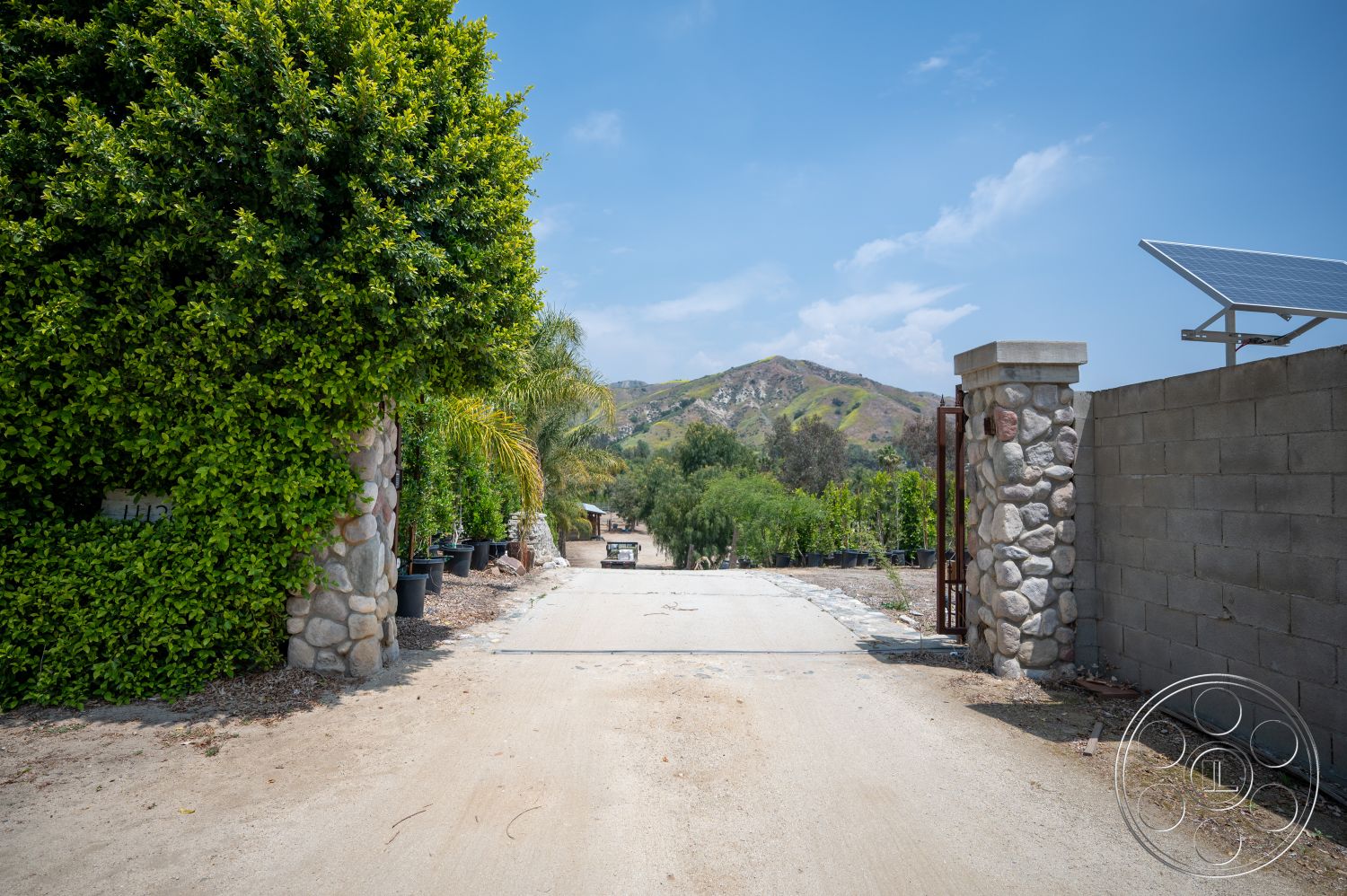 Ranch 6 - exterior, solar panels, mountain view, concrete driveway, lush tropical landscaping, tall hedges, natural stone gate pillars, gravel approach road, rolled palm trees, planted trees in pots