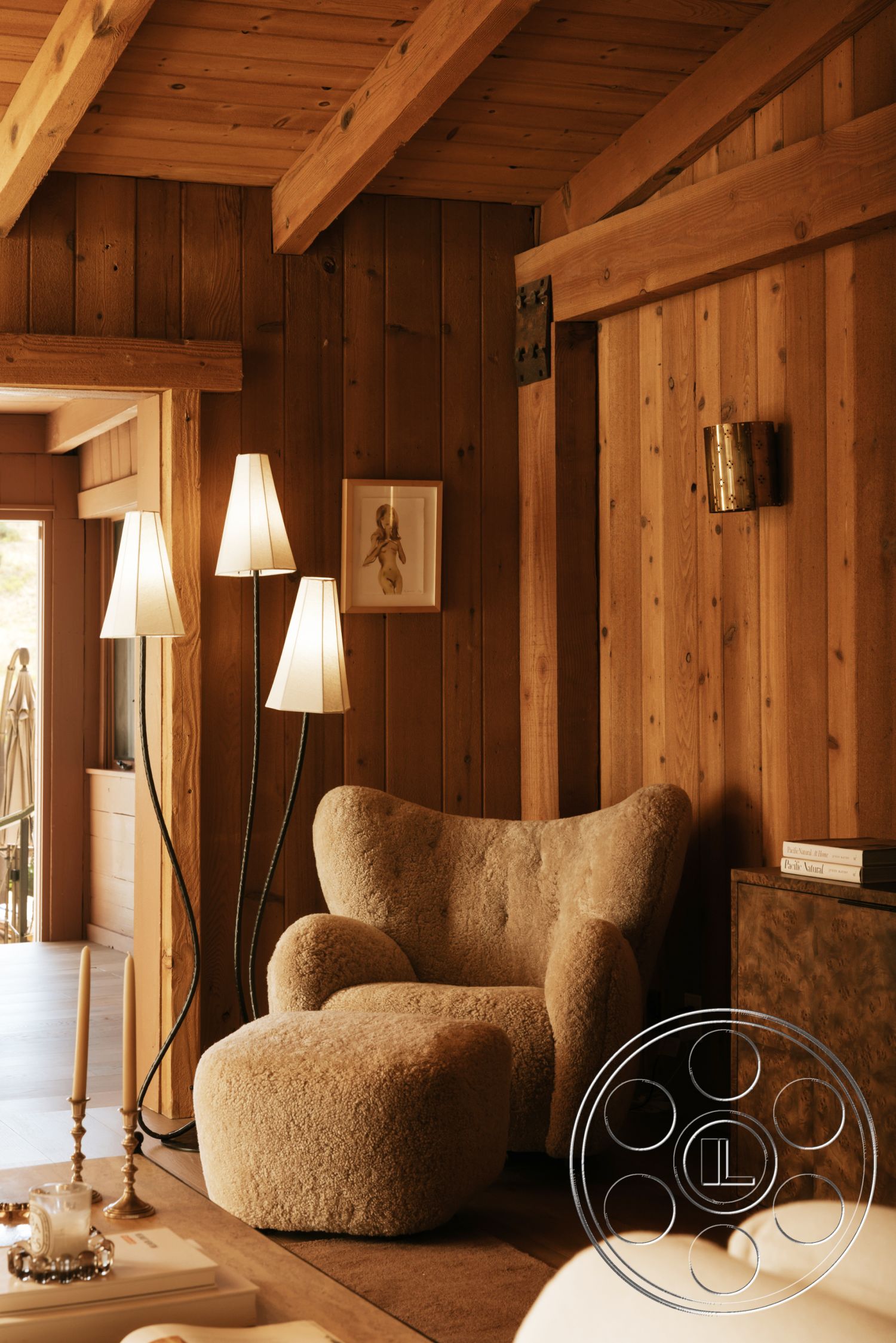 Modern-Farmhouse 20 - floor-to-ceiling window, modern floor lamp, wood accent furniture, exposed wood ceiling beams, wood wall paneling, textured upholstery chair