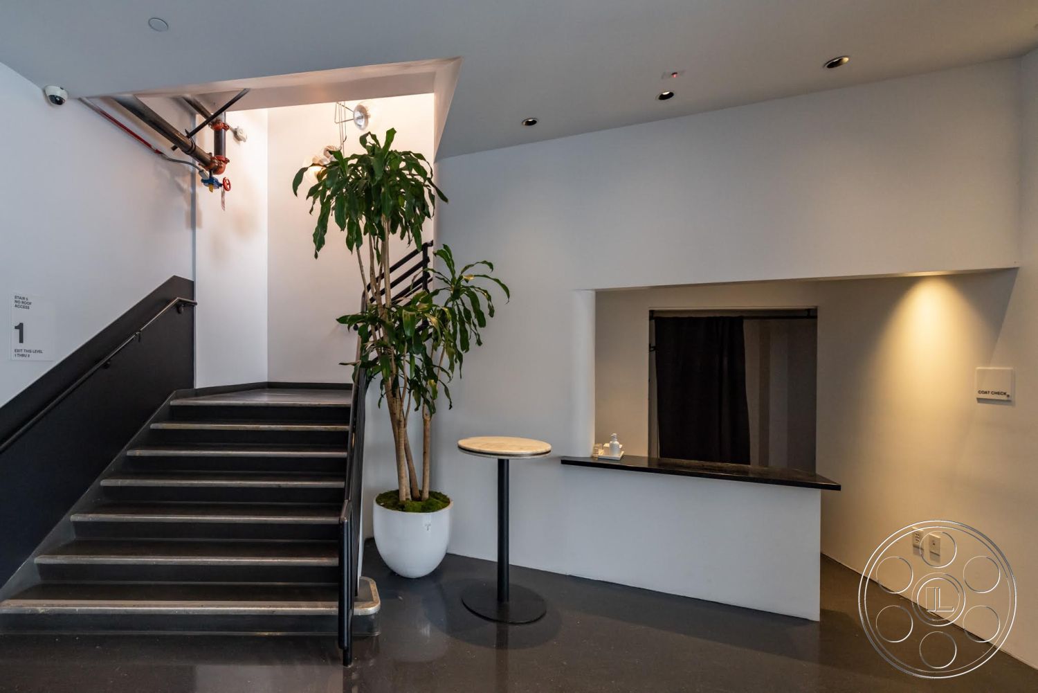 Sunset Campus - recessed lighting, minimalist design, potted plant, black marble countertop, modern architectural style, white painted walls, concrete staircase, dark tile flooring, steel handrail