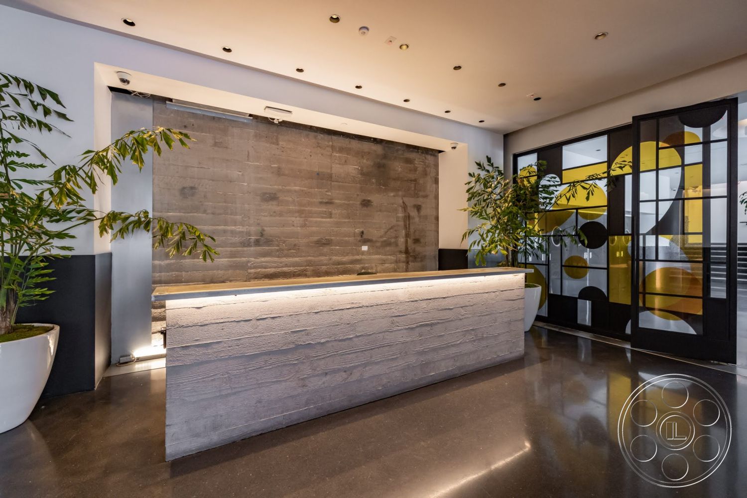 Sunset Campus - polished concrete flooring, modern lighting fixtures, minimalist design elements, potted indoor plants, concrete accent wall, concrete reception desk, glass partition wall with graphic design