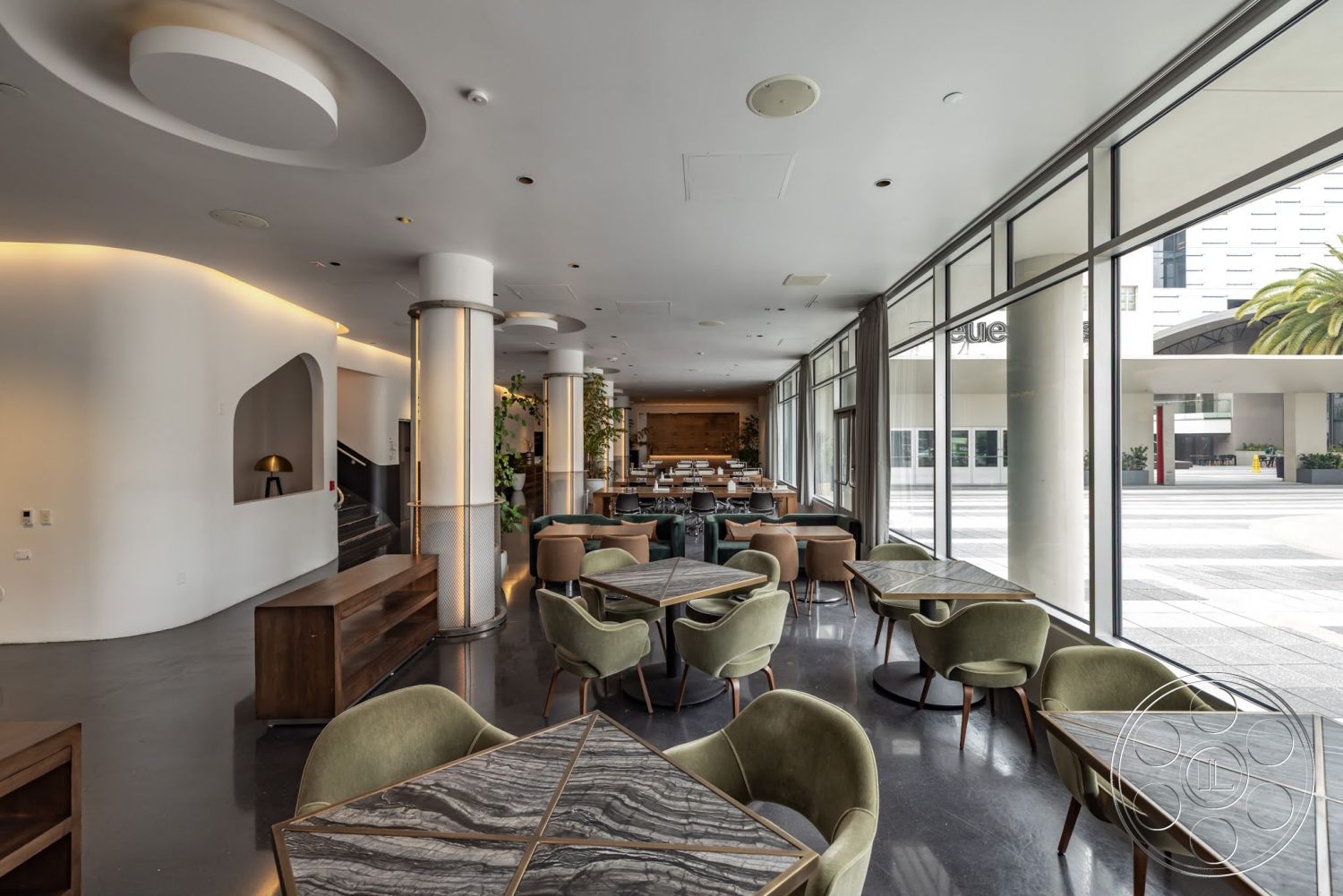 Sunset Campus - polished concrete floor, open floor plan, concrete floor, wooden furniture, metal accents, floor-to-ceiling windows, planted greenery, textured wall surfaces, architectural lighting, marble tabletops, modern dining chairs, curved ceiling design, stainless steel columns, warm wood panel accent wall
