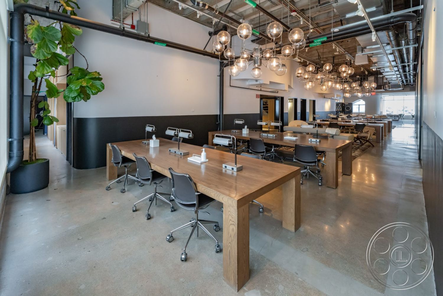 Sunset Campus - polished concrete flooring, industrial style, floor-to-ceiling windows, black accent wall, metal light fixtures, potted indoor plants, exposed ductwork ceiling, open workspace layout, modern office chairs, wooden conference tables, multifunctional office space