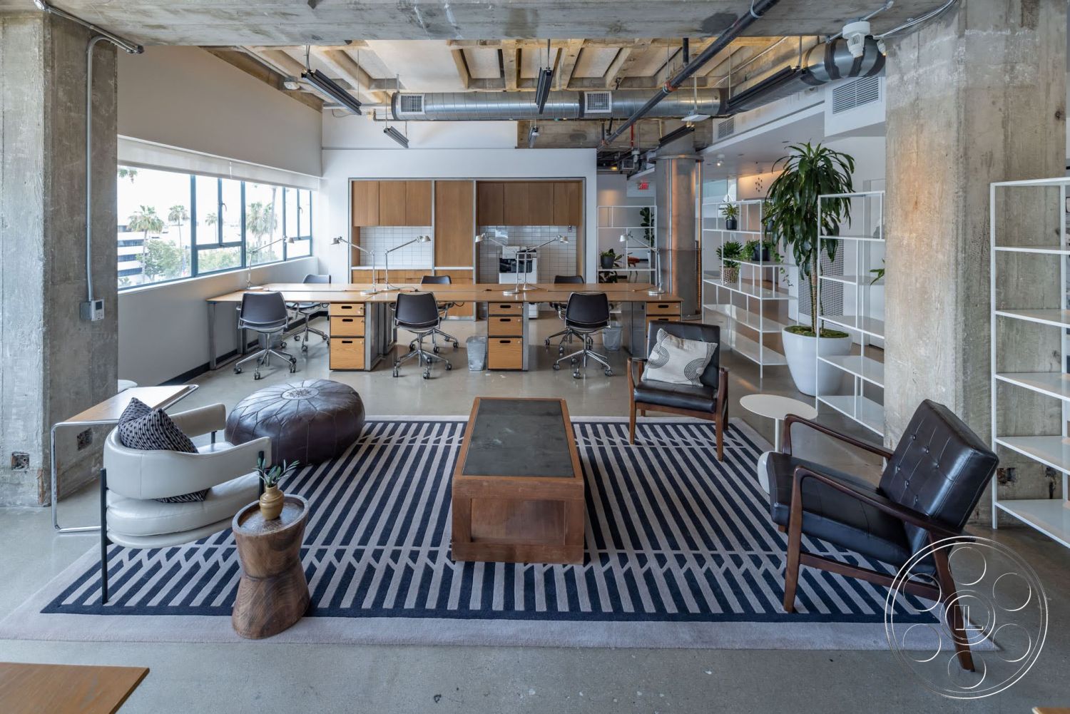 Sunset Campus - indoor plants, polished concrete flooring, exposed concrete walls, striped area rug, wooden ceiling beams, modern office desks, black leather office chairs, glass window partitions, minimalist wooden coffee table, white metal shelving units