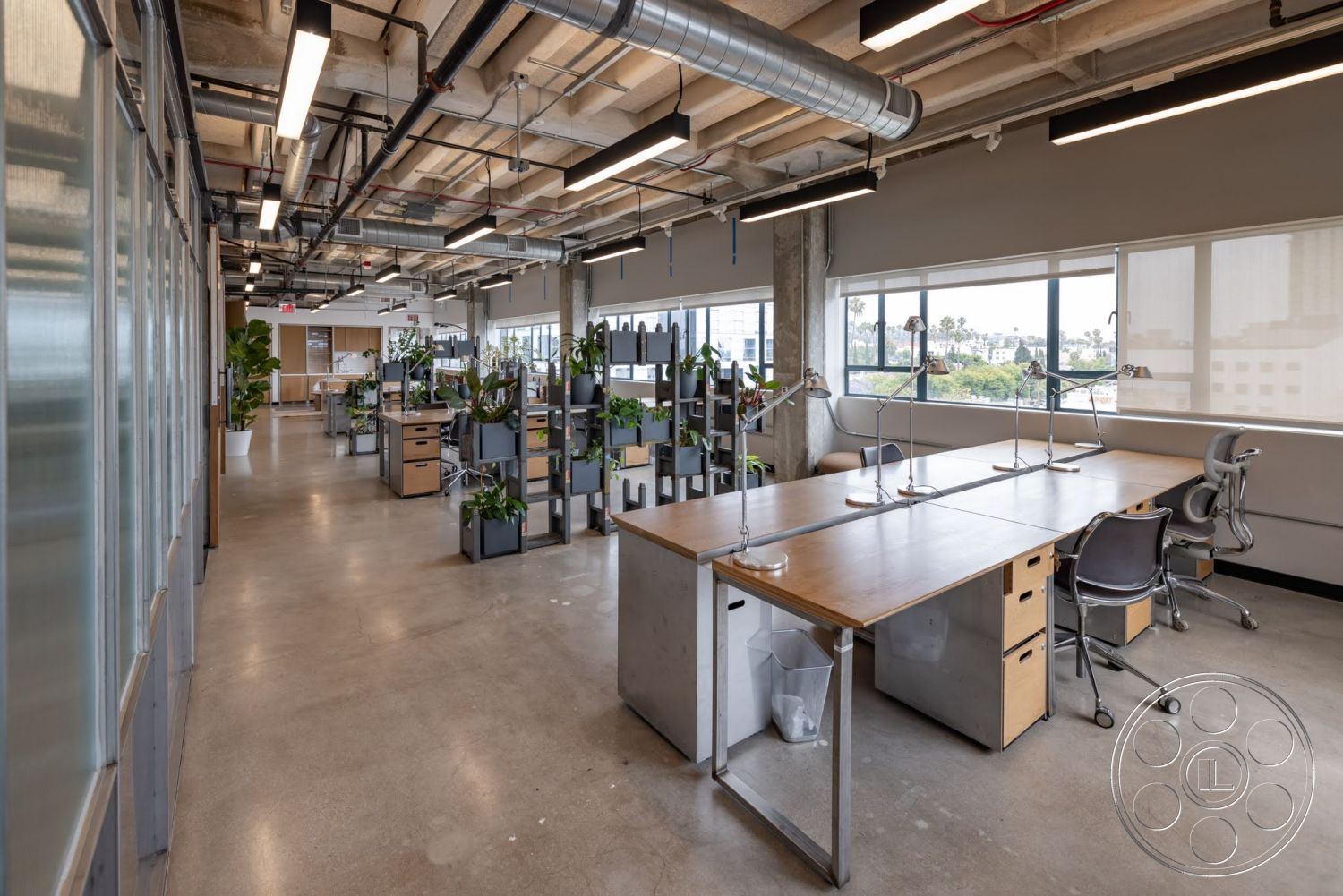 Sunset Campus - natural light, minimalist design, polished concrete flooring, concrete walls, ergonomic office chairs, open plan layout, interior office space, exposed ductwork ceiling, industrial style lighting, potted plants for greenery, wooden desk surfaces, metal storage cabinets, large windows with roller shades, modular shelving units, coworking desks